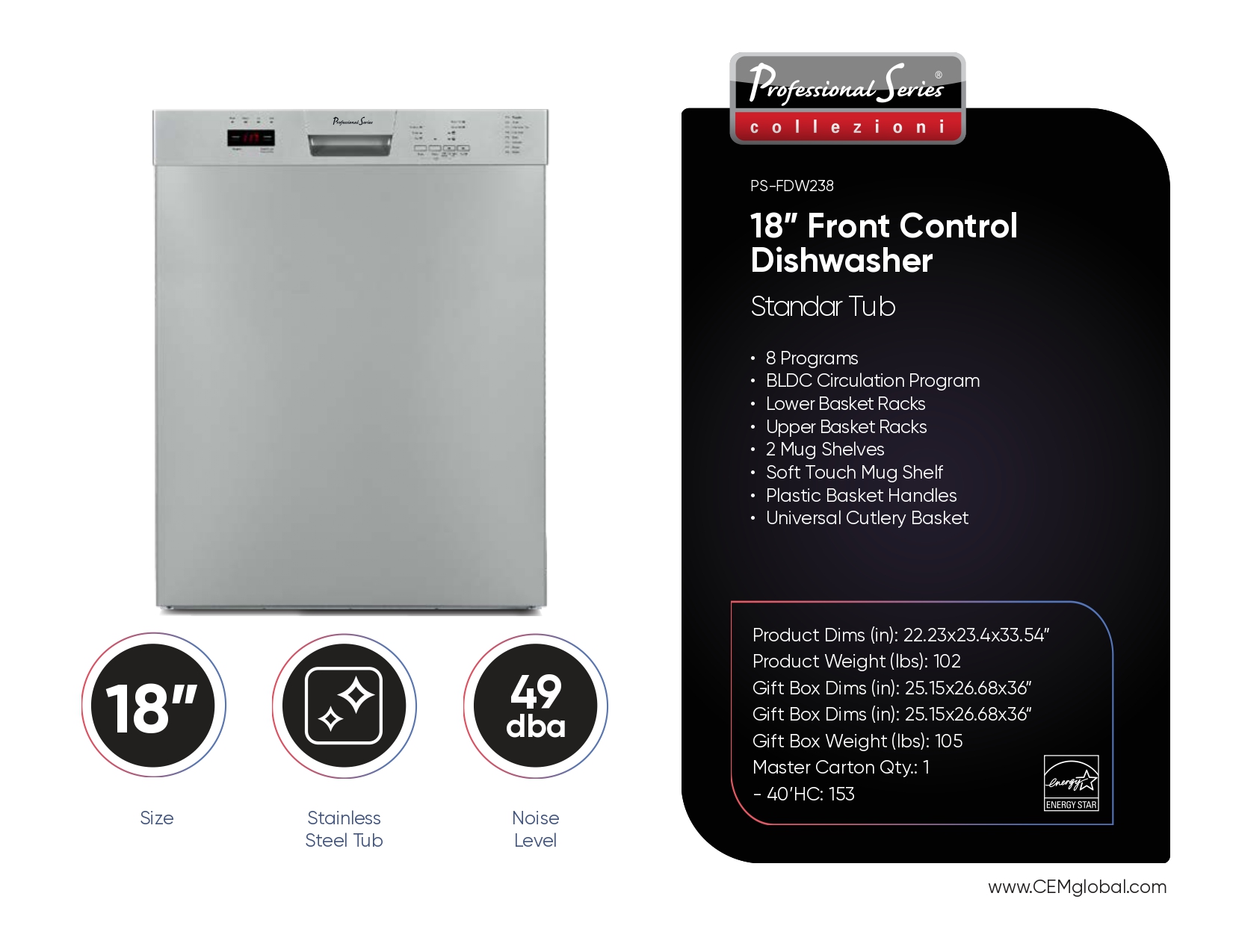 18” Front Control Dishwasher