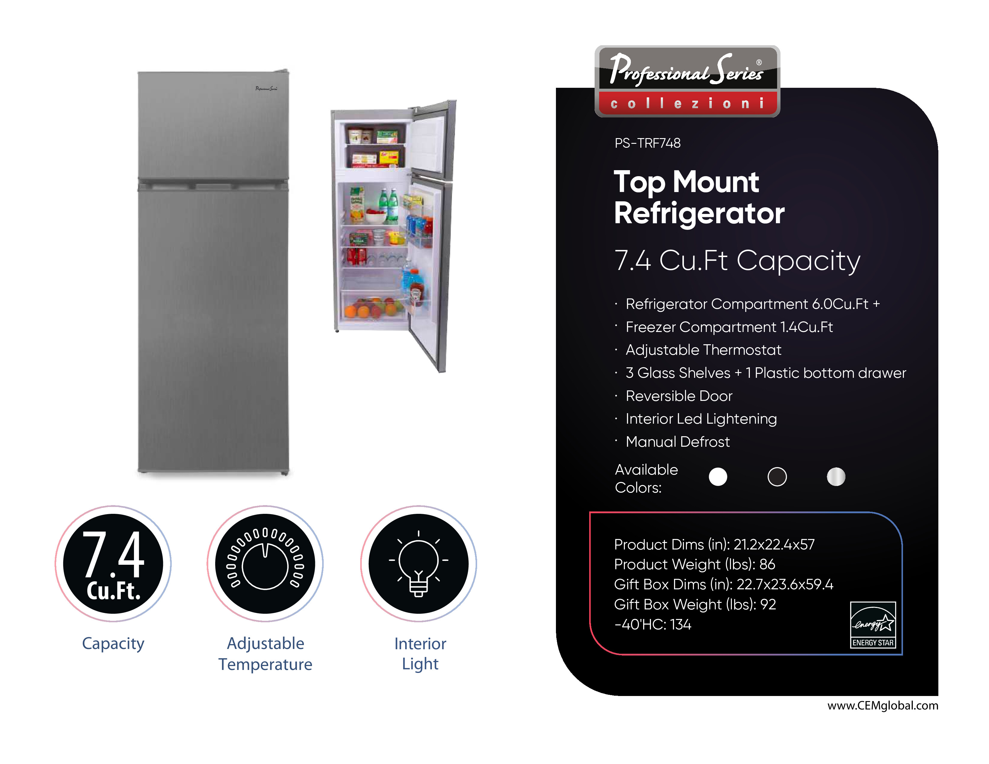 Top Mount Refrigerator 7.4 Cu.Ft Capacity