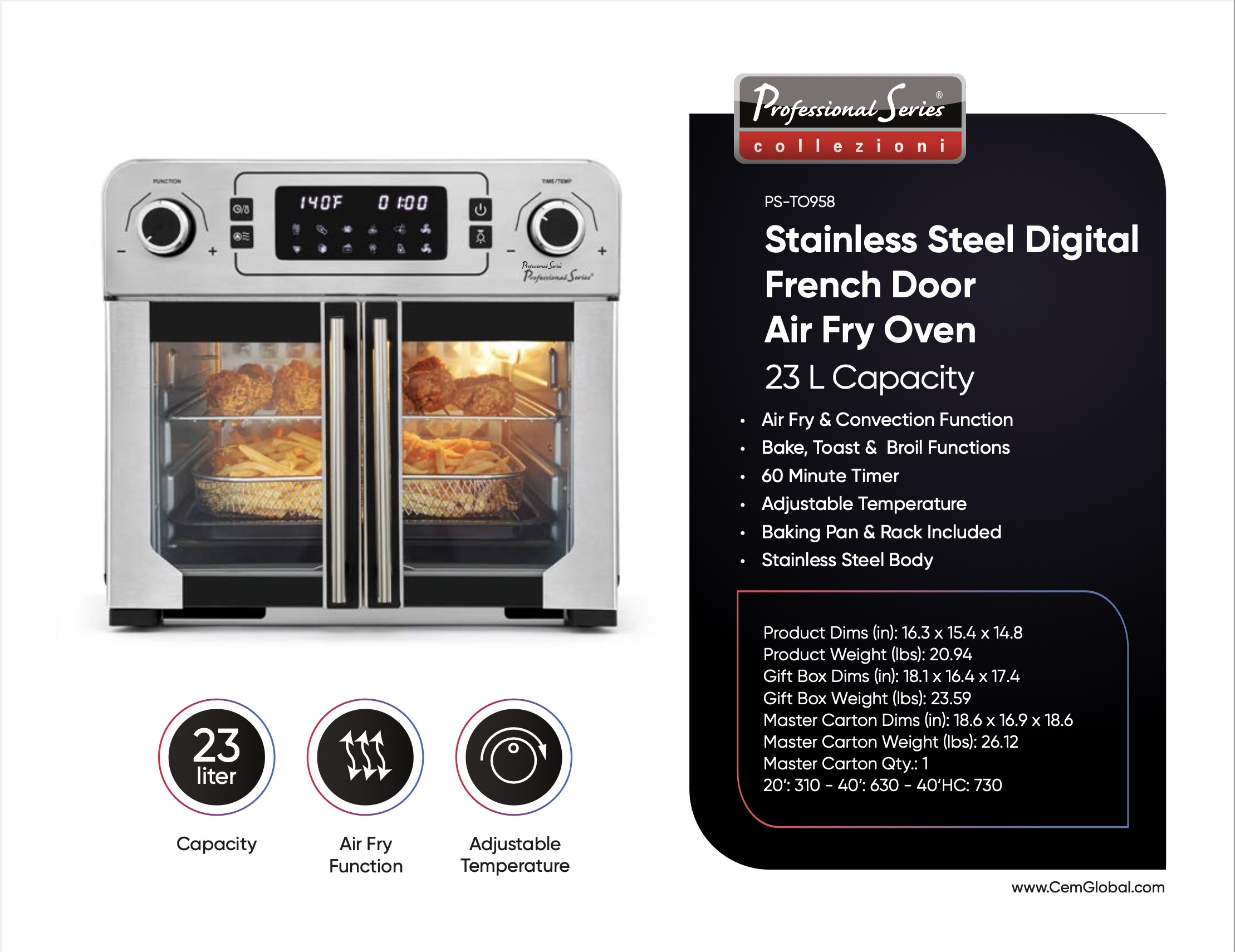 Stainless Steel Digital French Door Air Fry Oven 23 L