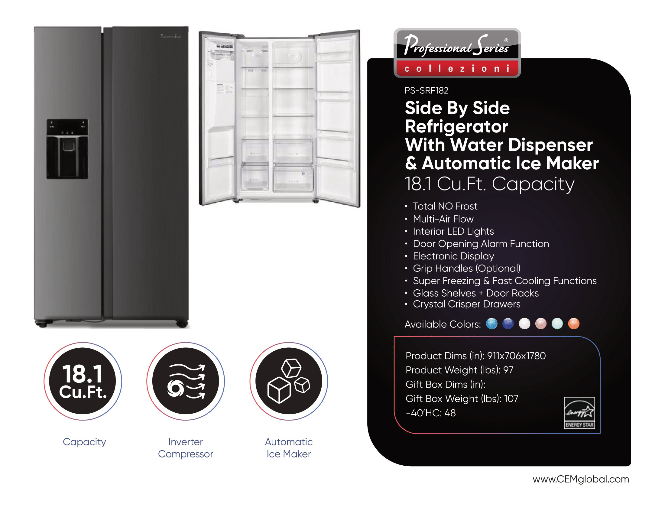 Side By Side Refrigerator With Water Dispenser & Automatic Ice Maker 18.1 Cu.Ft.