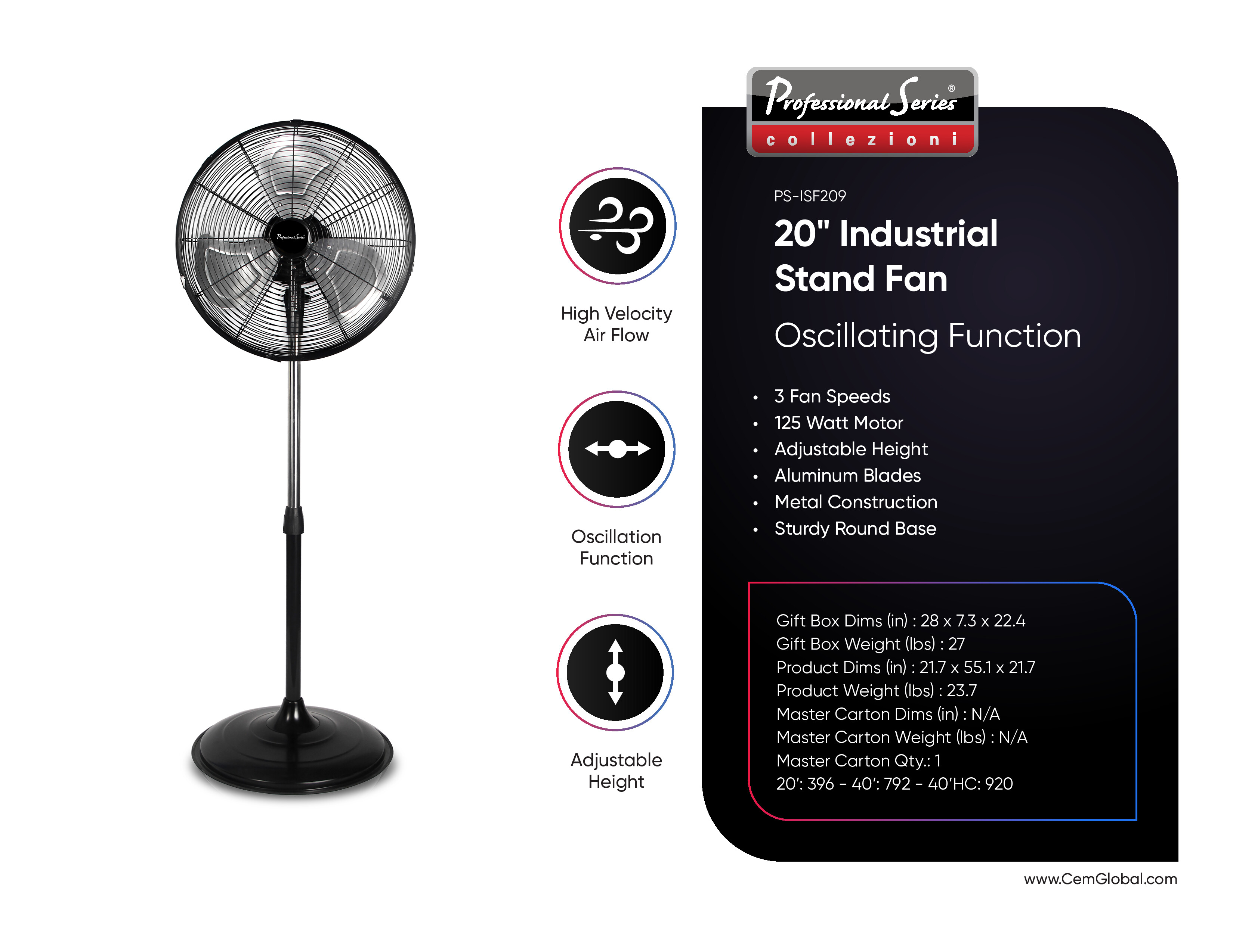 20" Industrial Stand Fan Oscillating