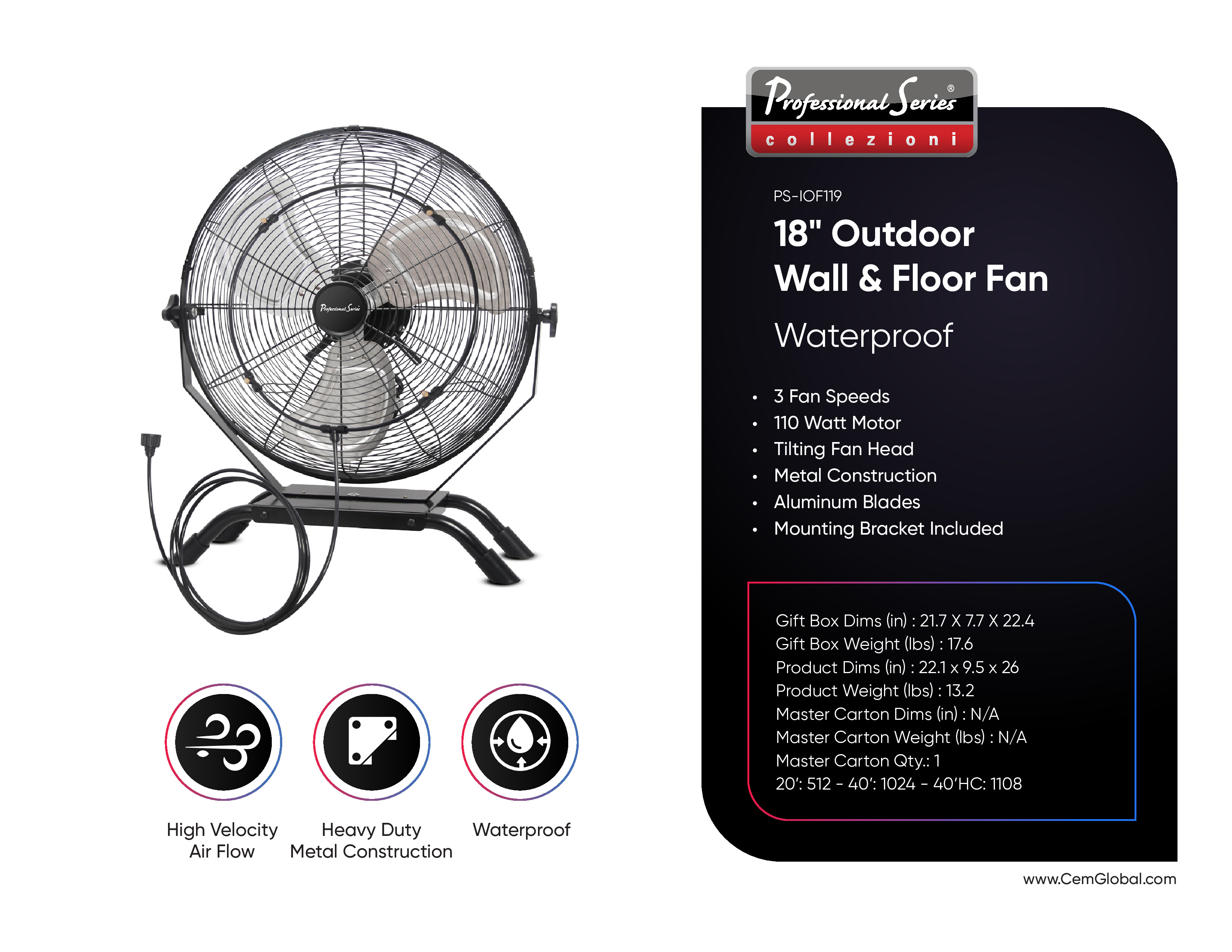 18" Outdoor Wall & Floor Fan Waterproof