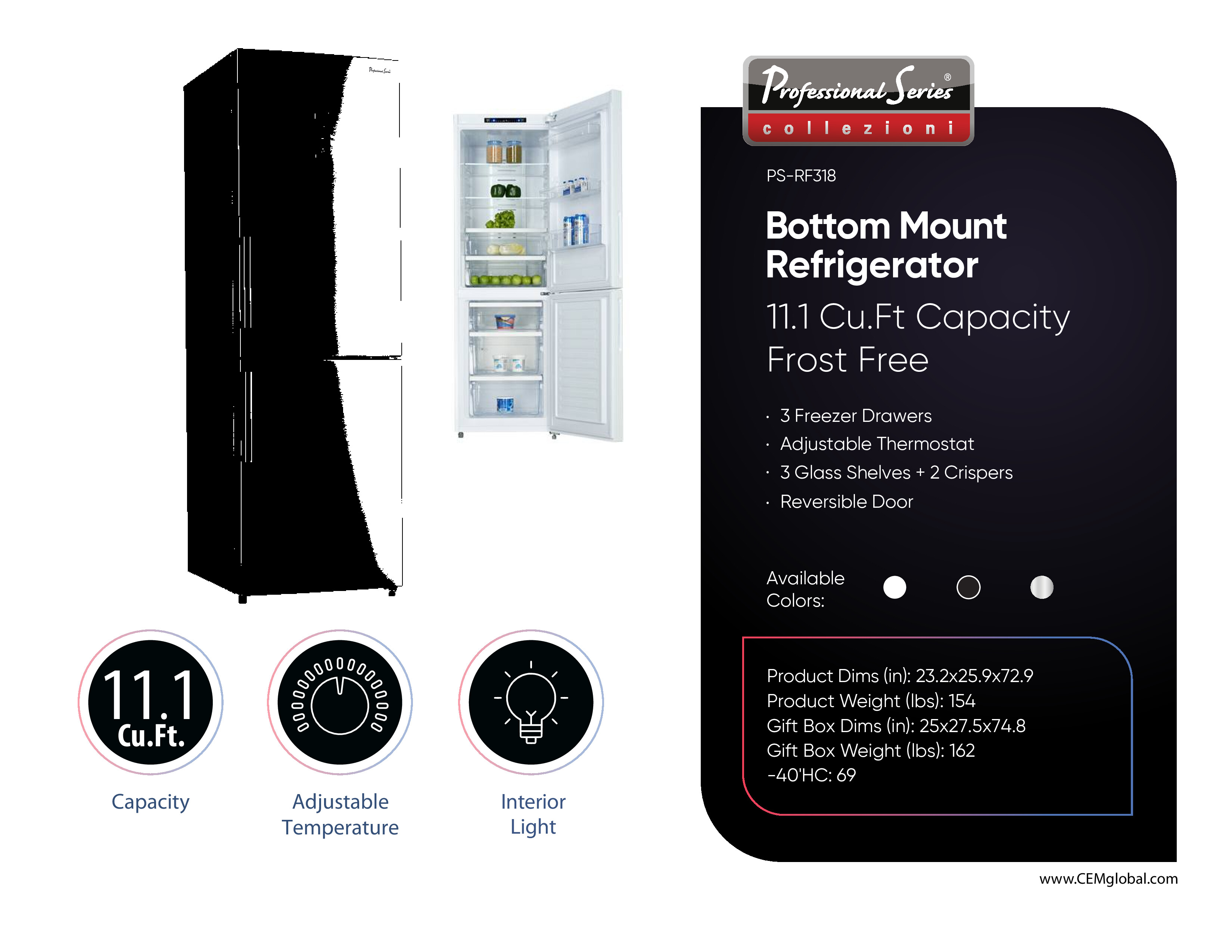 Bottom Mount Refrigerator 11.1 Cu.Ft Capacity