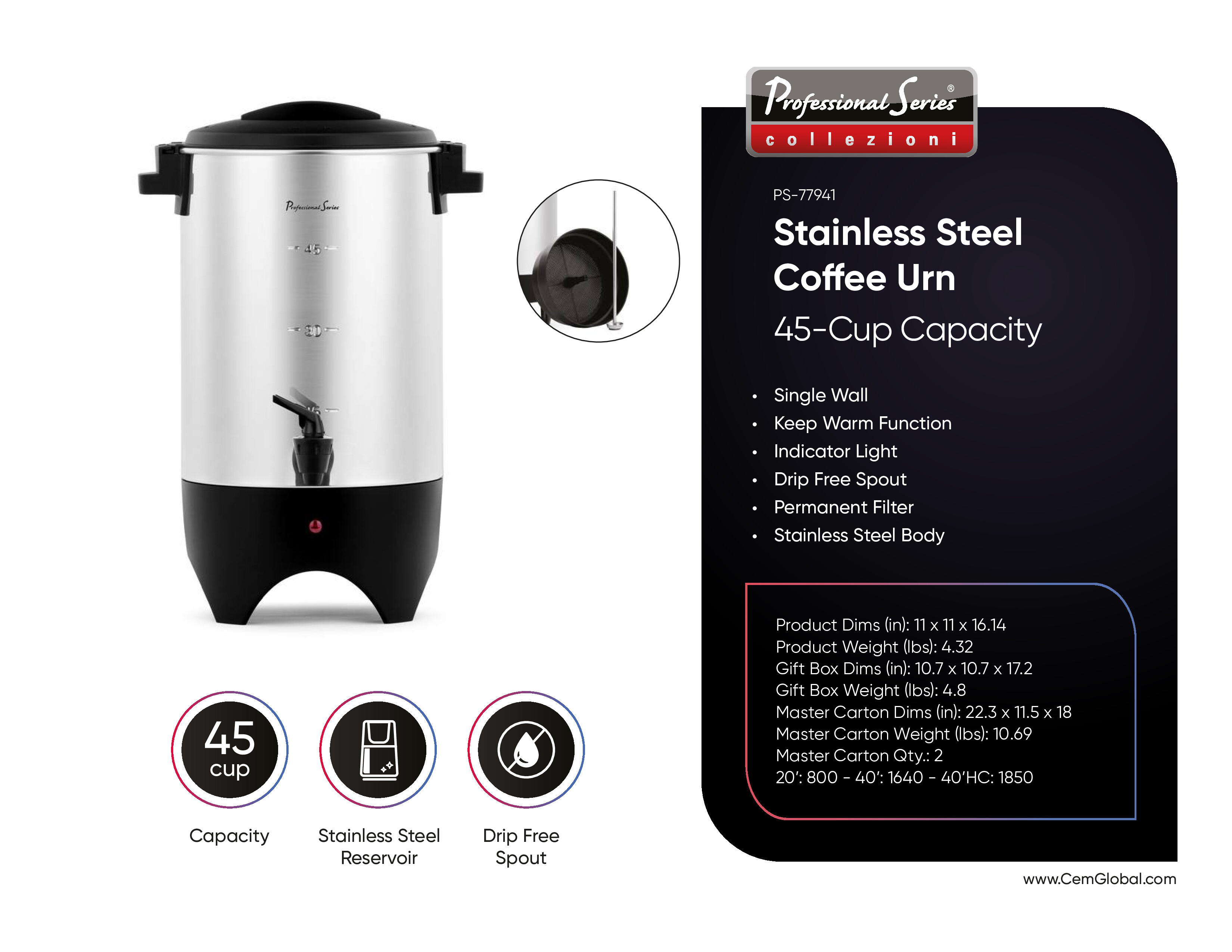 Coffee Urn, 45-Cup, Stainless Steel