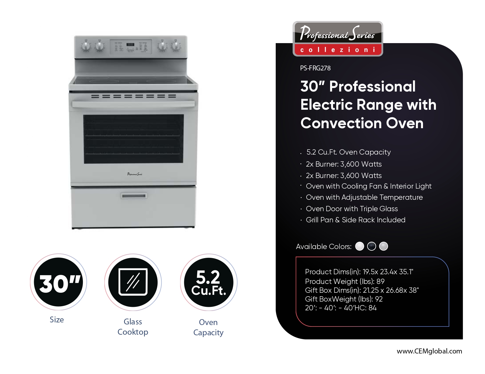 30” Professional Electric Range with Convection Oven