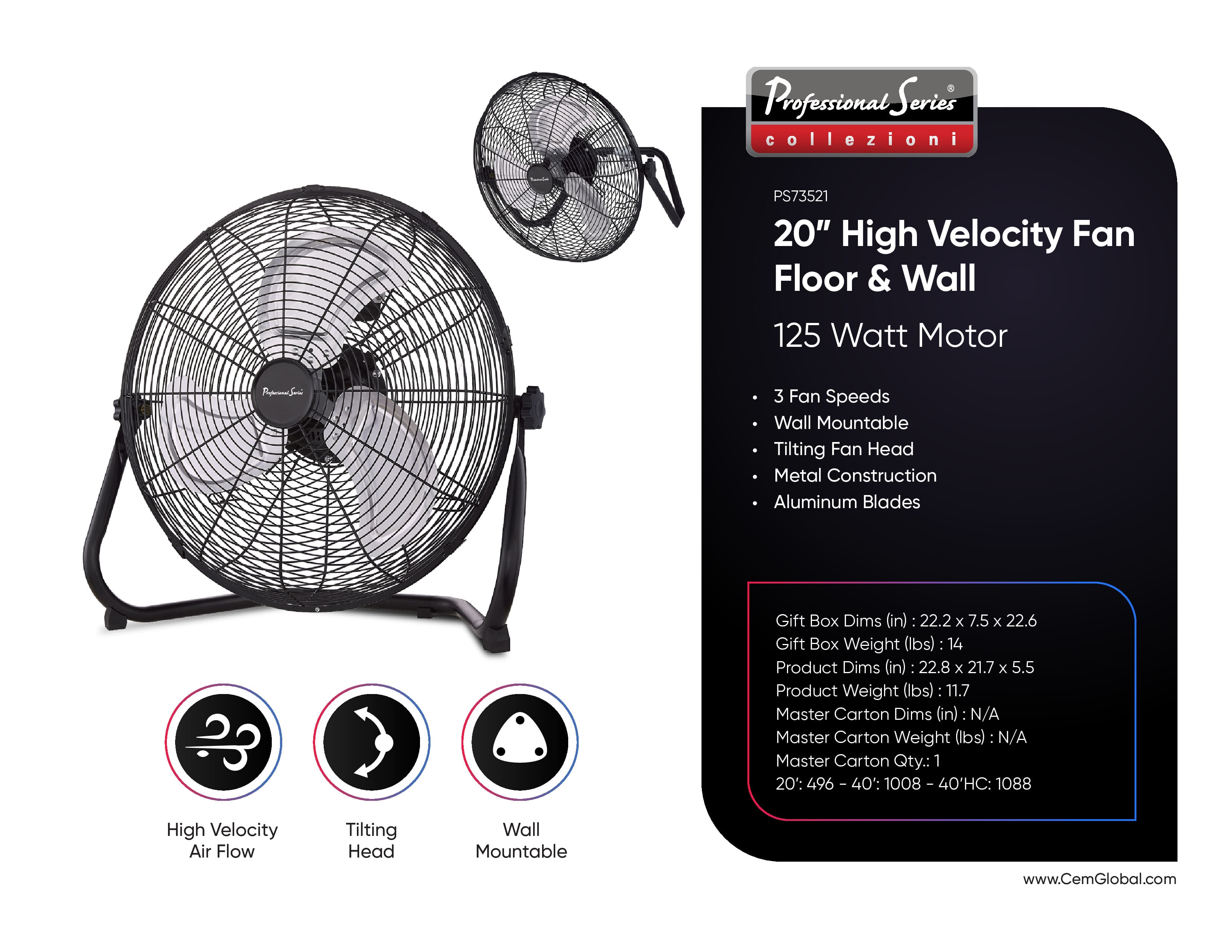 20” High Velocity Fan Floor & Wall