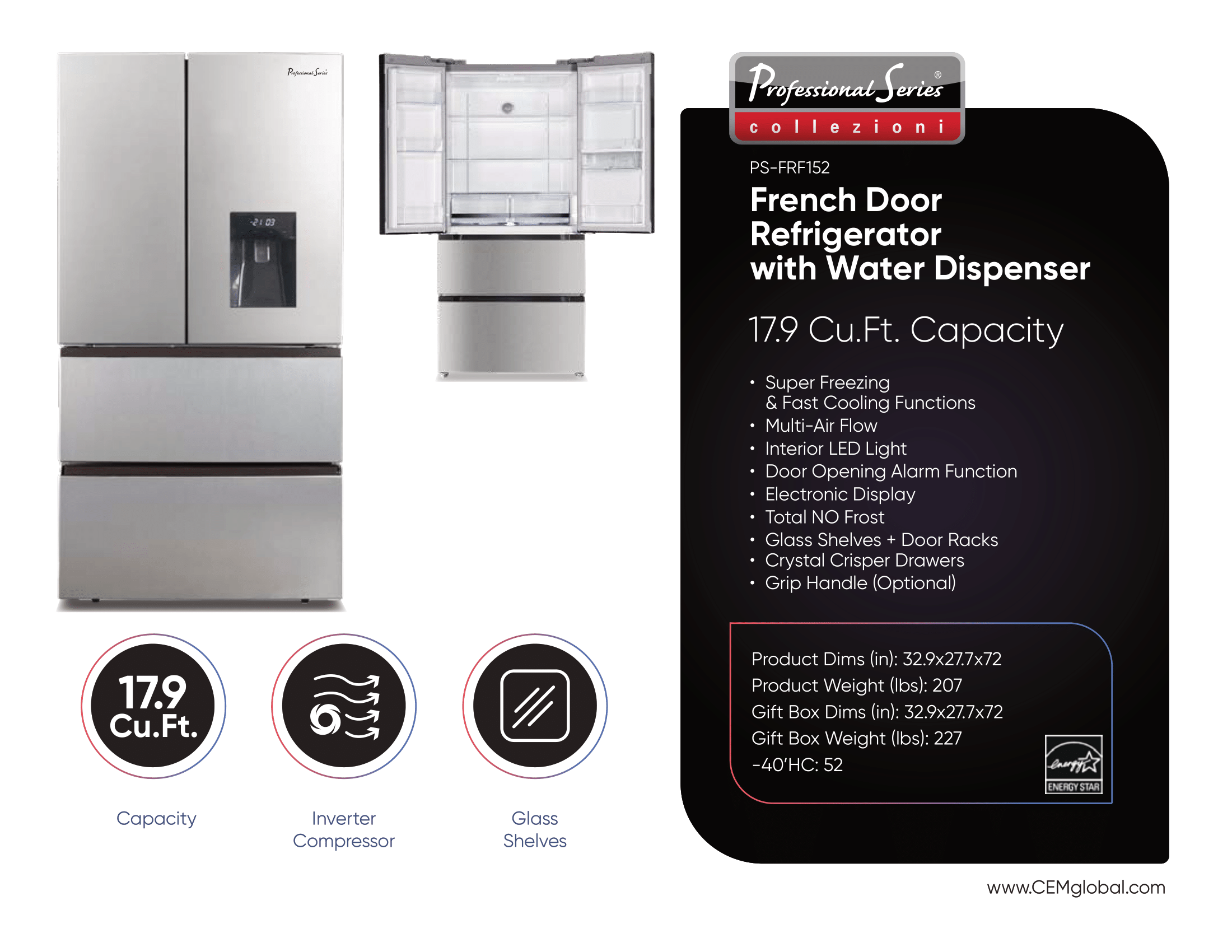 French Door Refrigerator with Water Dispenser 17.9 Cu.Ft. Capacity