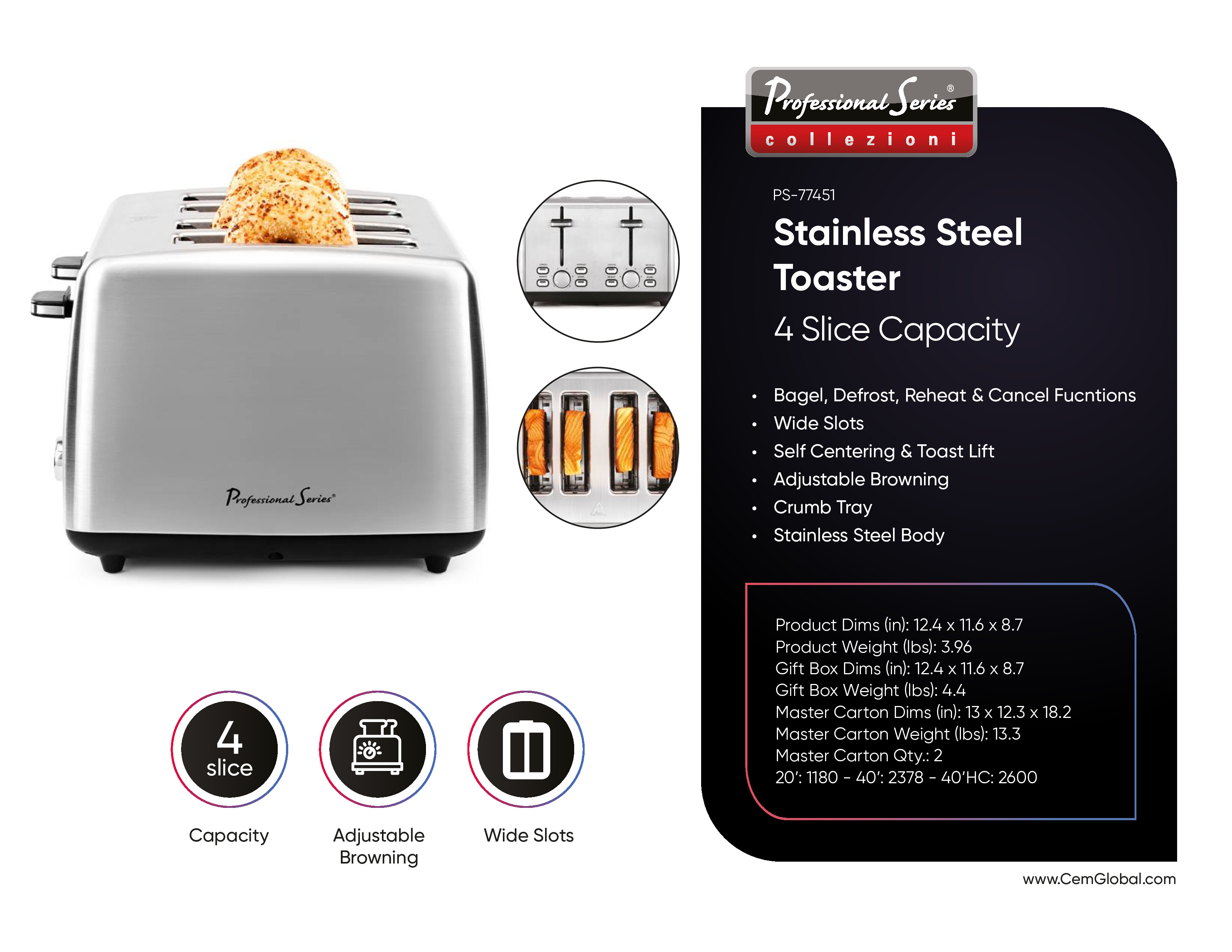 Toaster, 4-Slice, Wide Slot, Stainless Steel