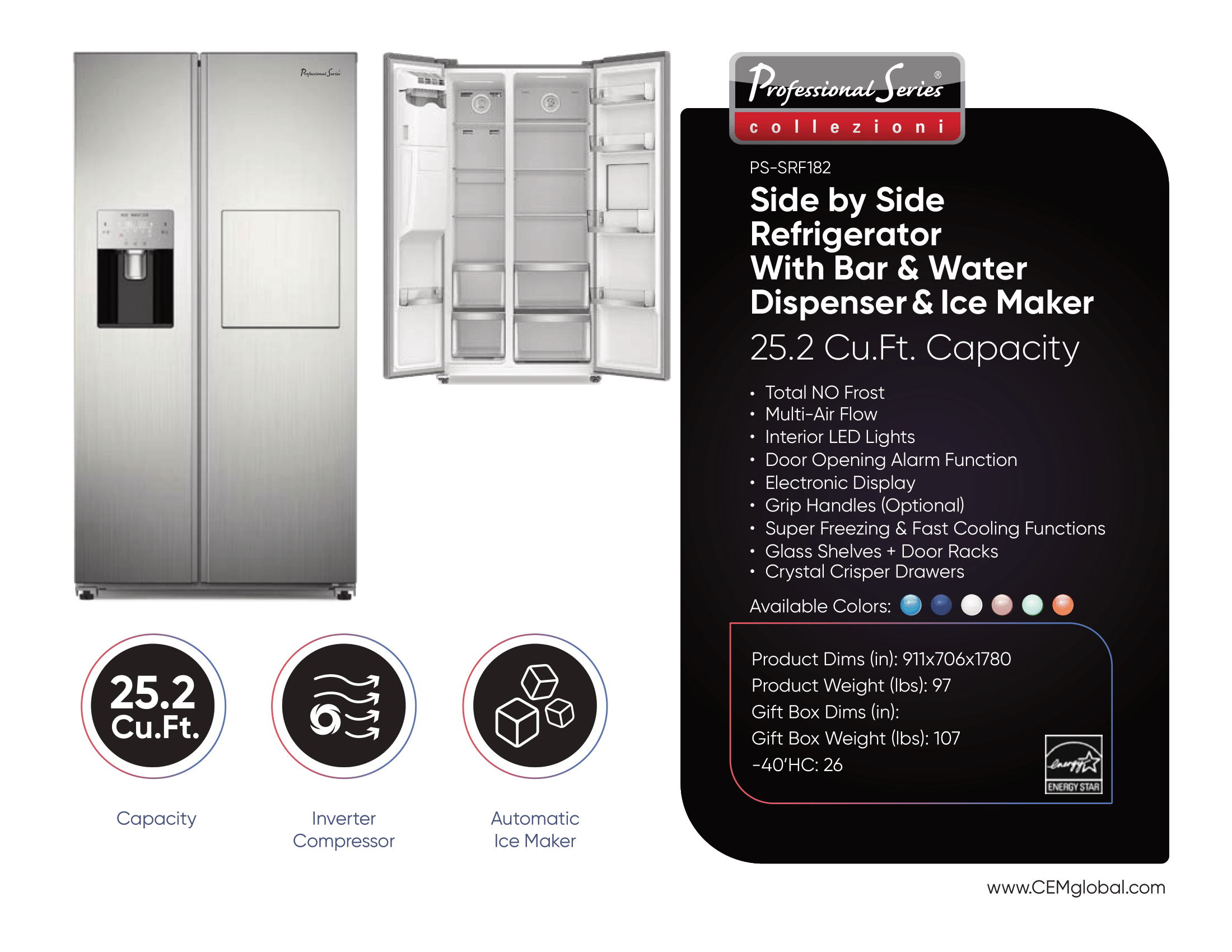 Side by Side Refrigerator With Bar & Water Dispenser & Ice Maker 25.2 Cu.Ft.