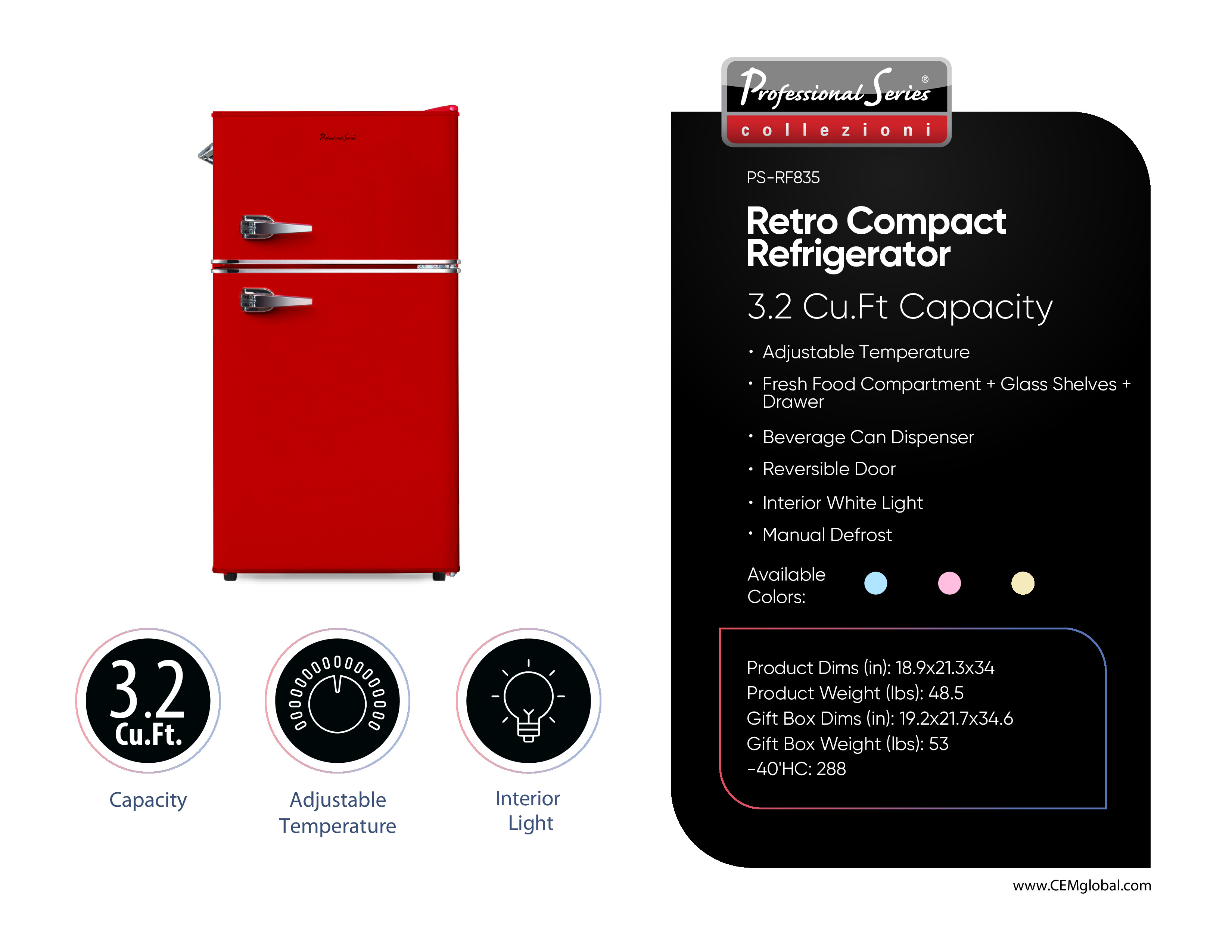 Retro Compact Refrigerator 3.2 Cu.Ft.