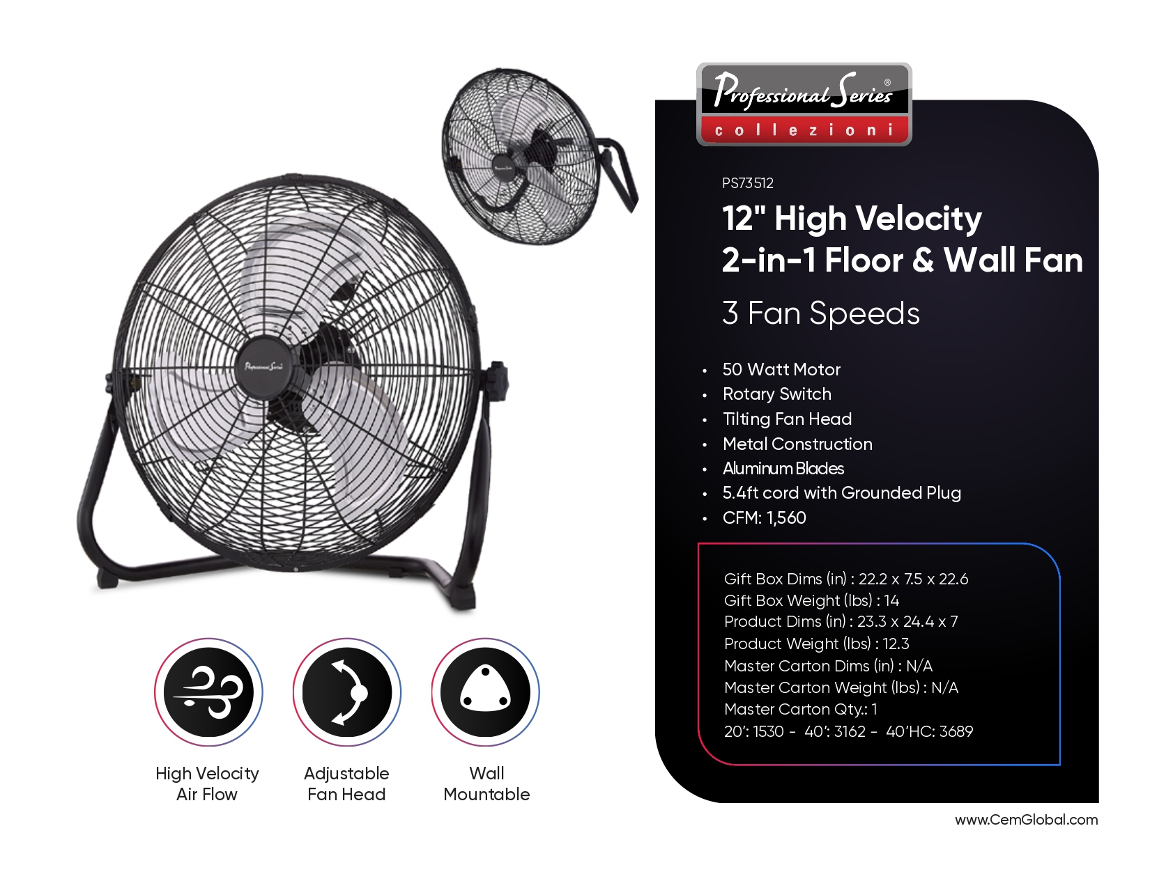 12" High Velocity 2-in-1 Floor & Wall Fan
