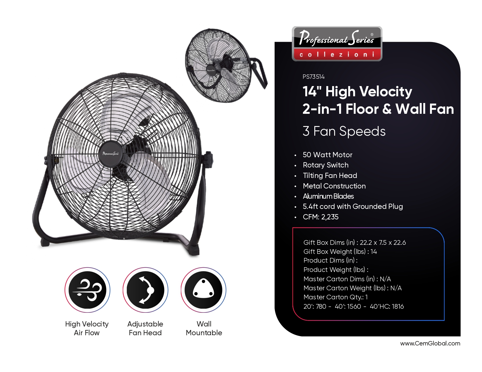 14" High Velocity 2-in-1 Floor & Wall Fan