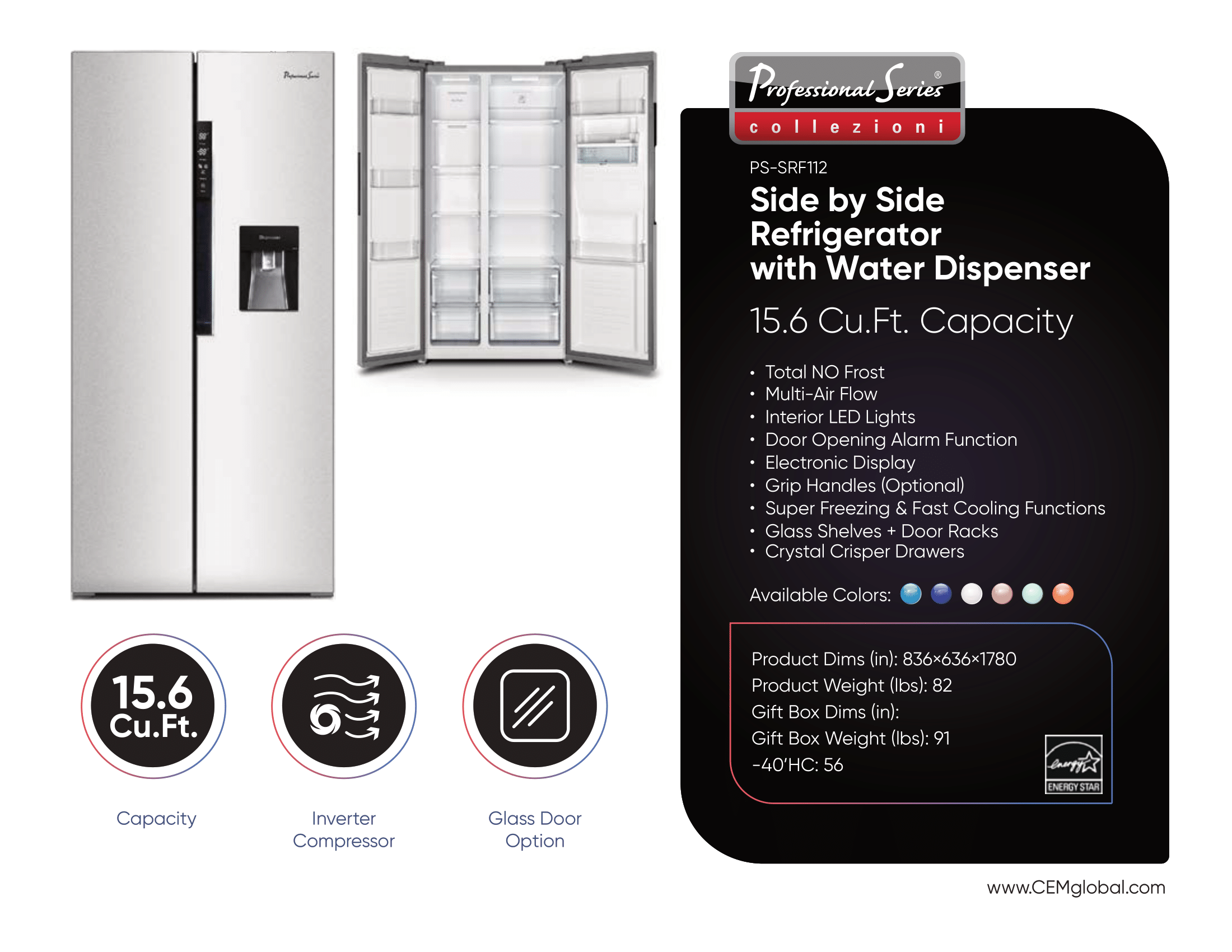 Side by Side Refrigerator with Water Dispenser 15.6 Cu.Ft
