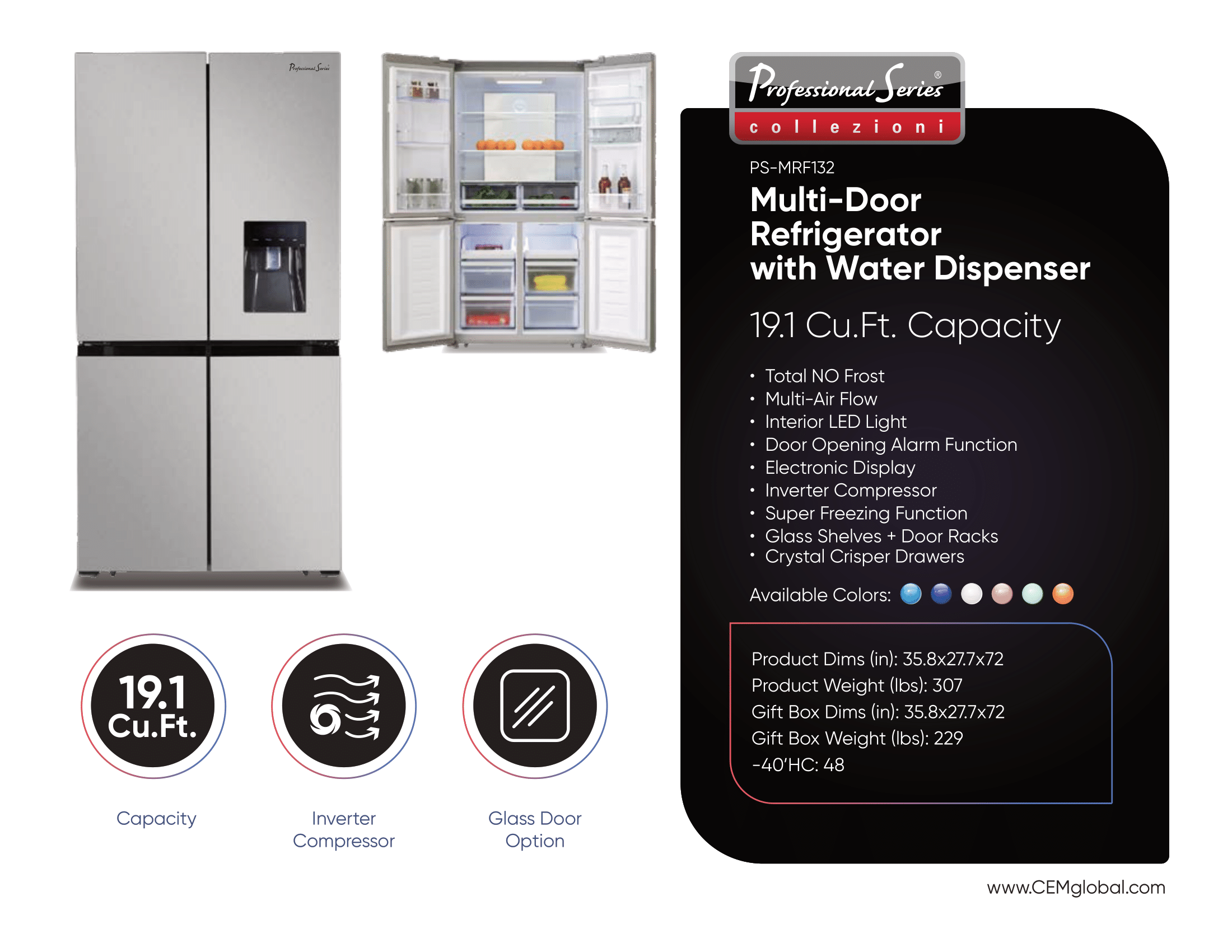 Multi-Door Refrigerator with Water Dispenser 19.1 Cu.Ft