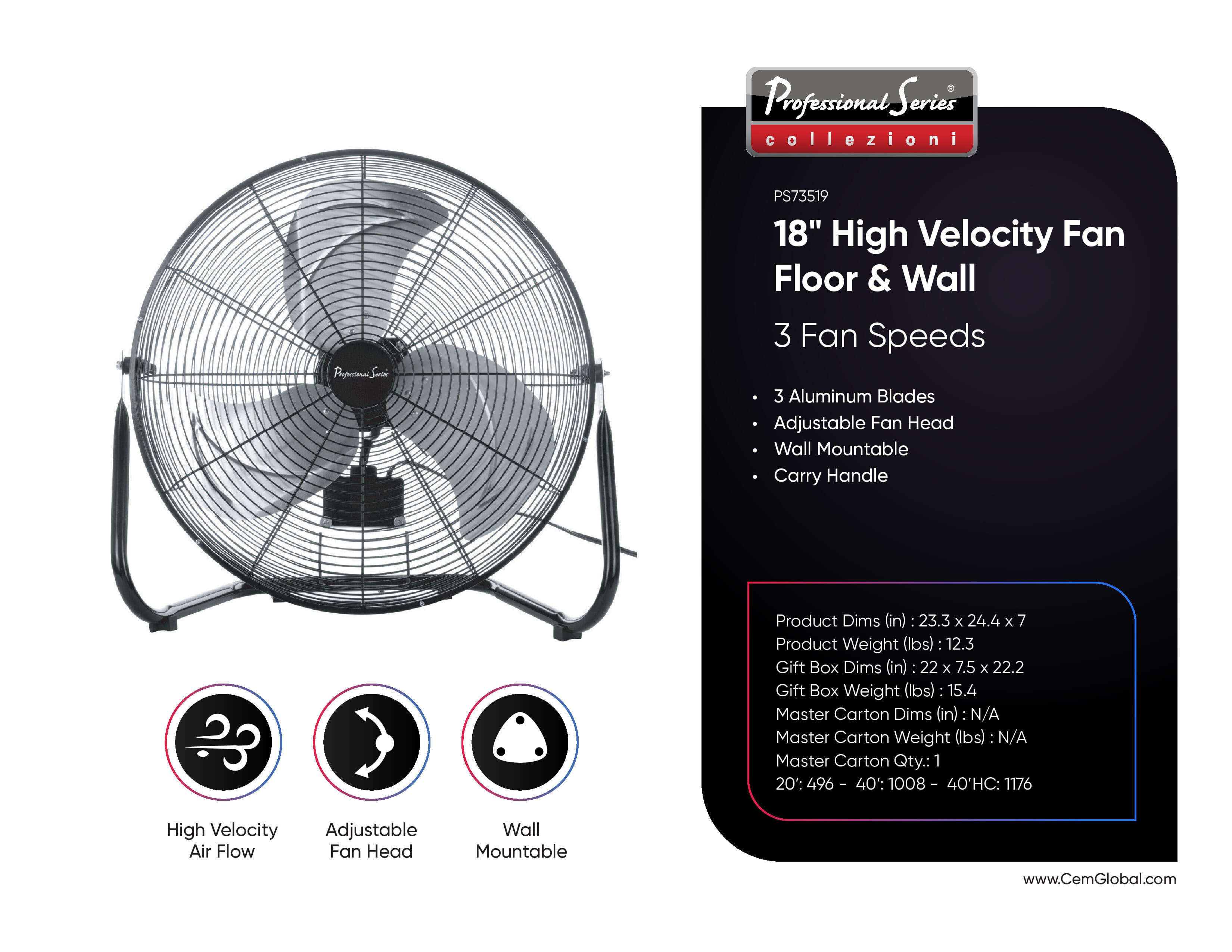 18" High Velocity Fan Floor & Wall