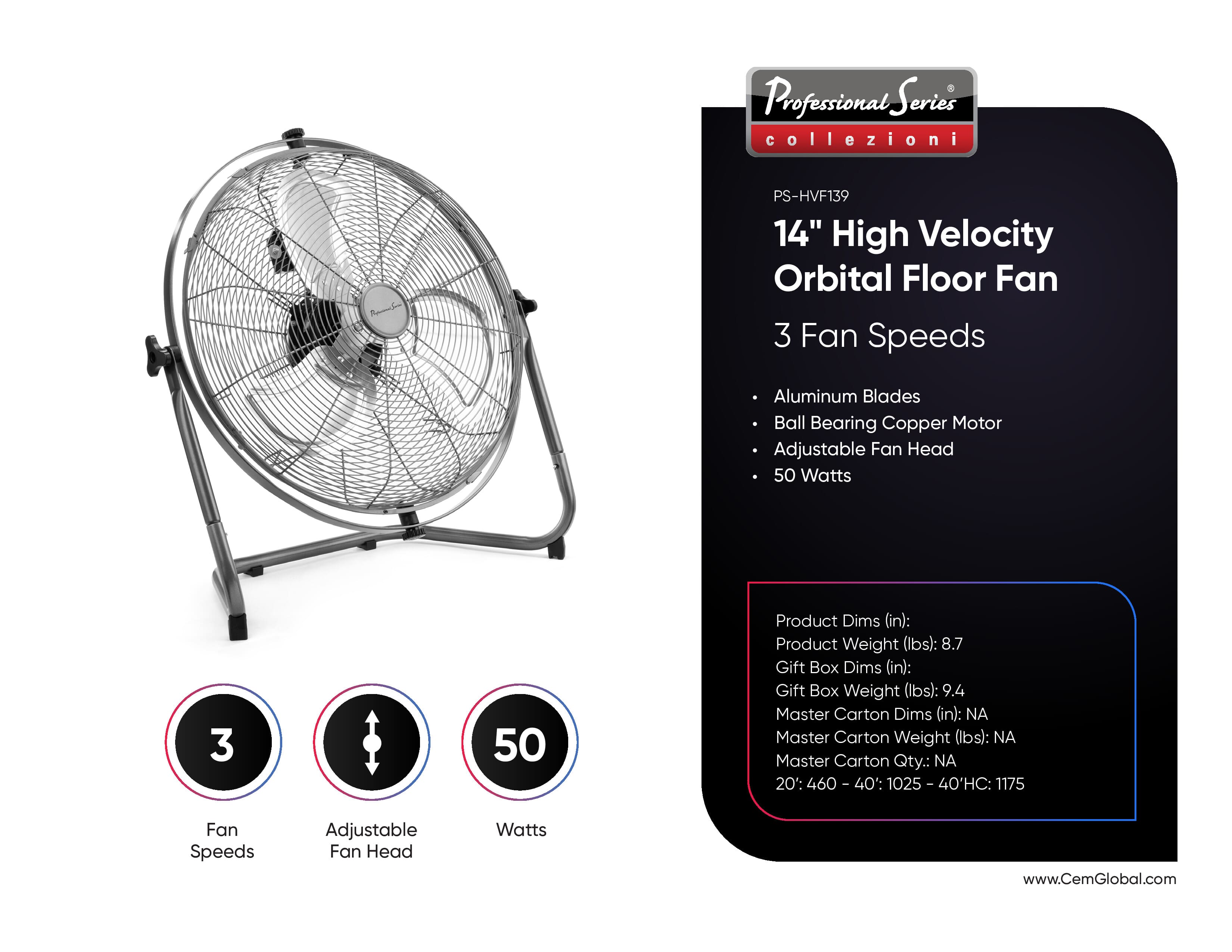 14" High Velocity Orbital Floor Fan