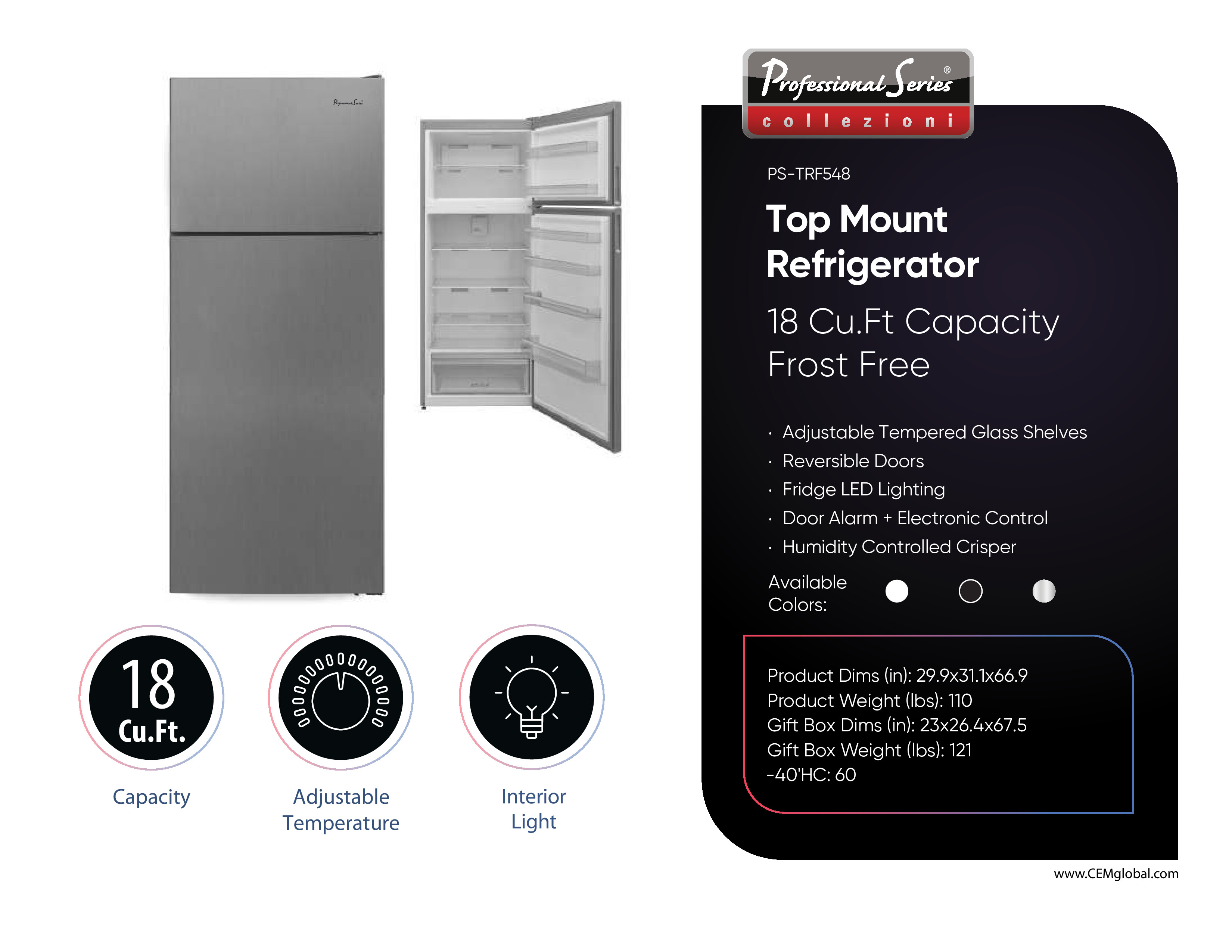 Top Mount Refrigerator 18 Cu.Ft Capacity