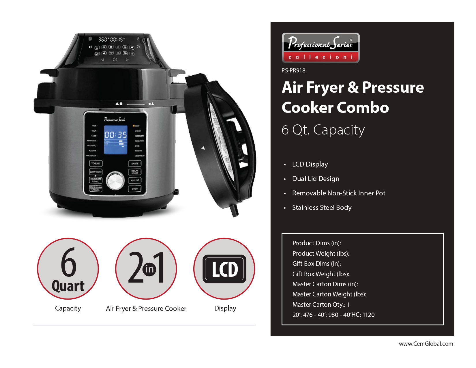 Air Fryer & Pressure Cooker Combo 6 Qt.