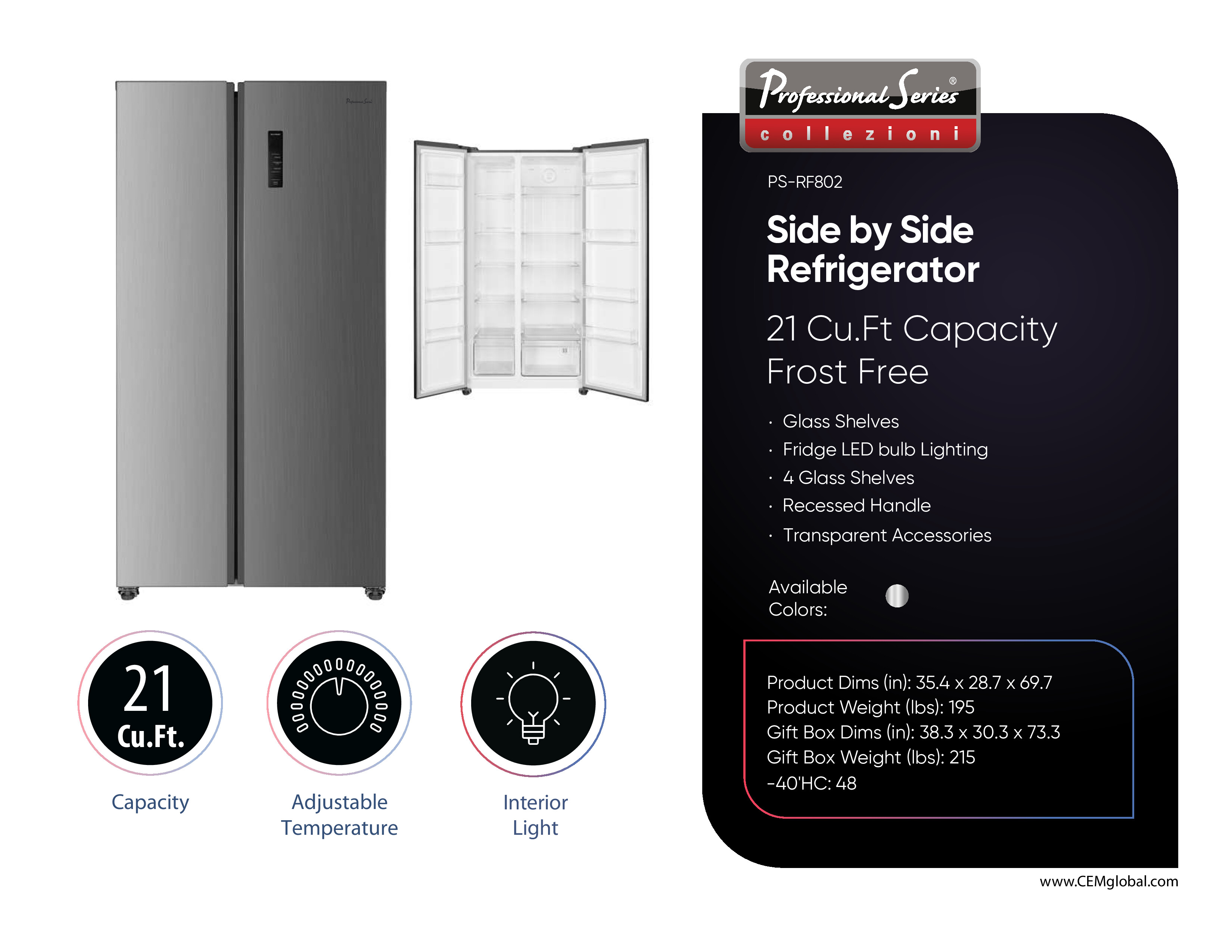 Side by Side Refrigerator 21 Cu.Ft Capacity Frost Free