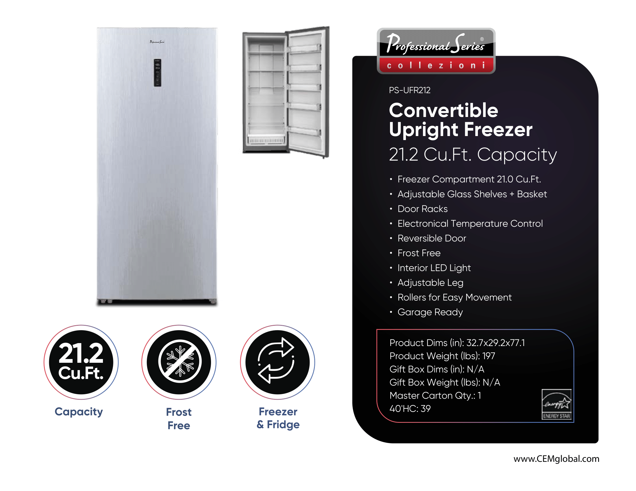 Convertible Upright Freezer 21.2 Cu.Ft.