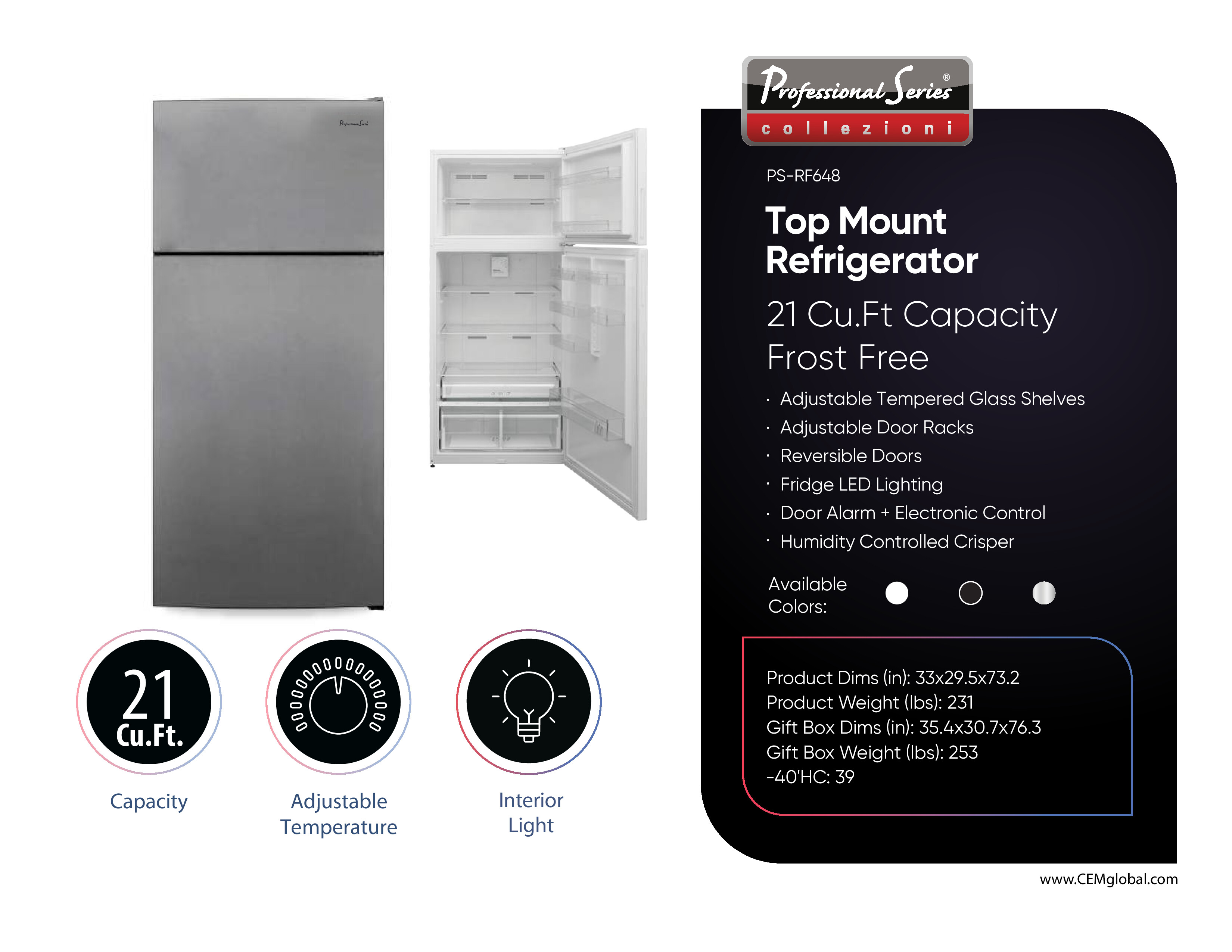 Top Mount Refrigerator 21 Cu.Ft Capacity