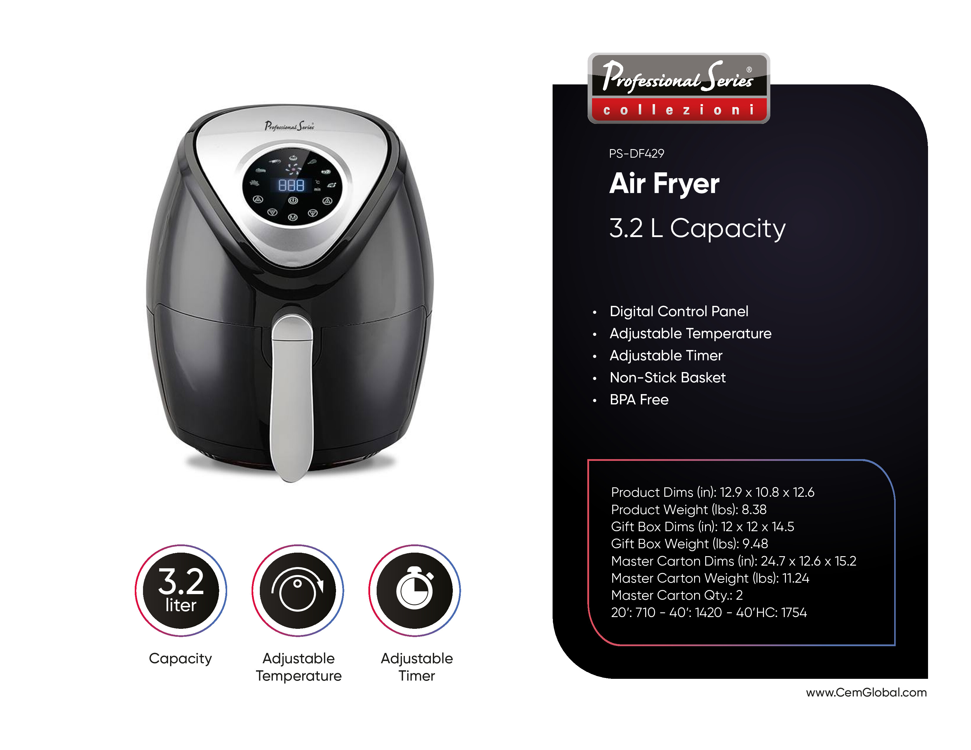 Digital Air Fryer, 3.2L, Black w/ Silver Accents