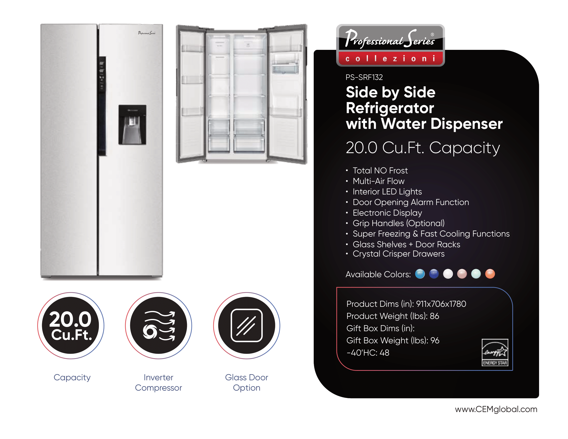 Side by Side Refrigerator with Water Dispenser 20.0 Cu.Ft.