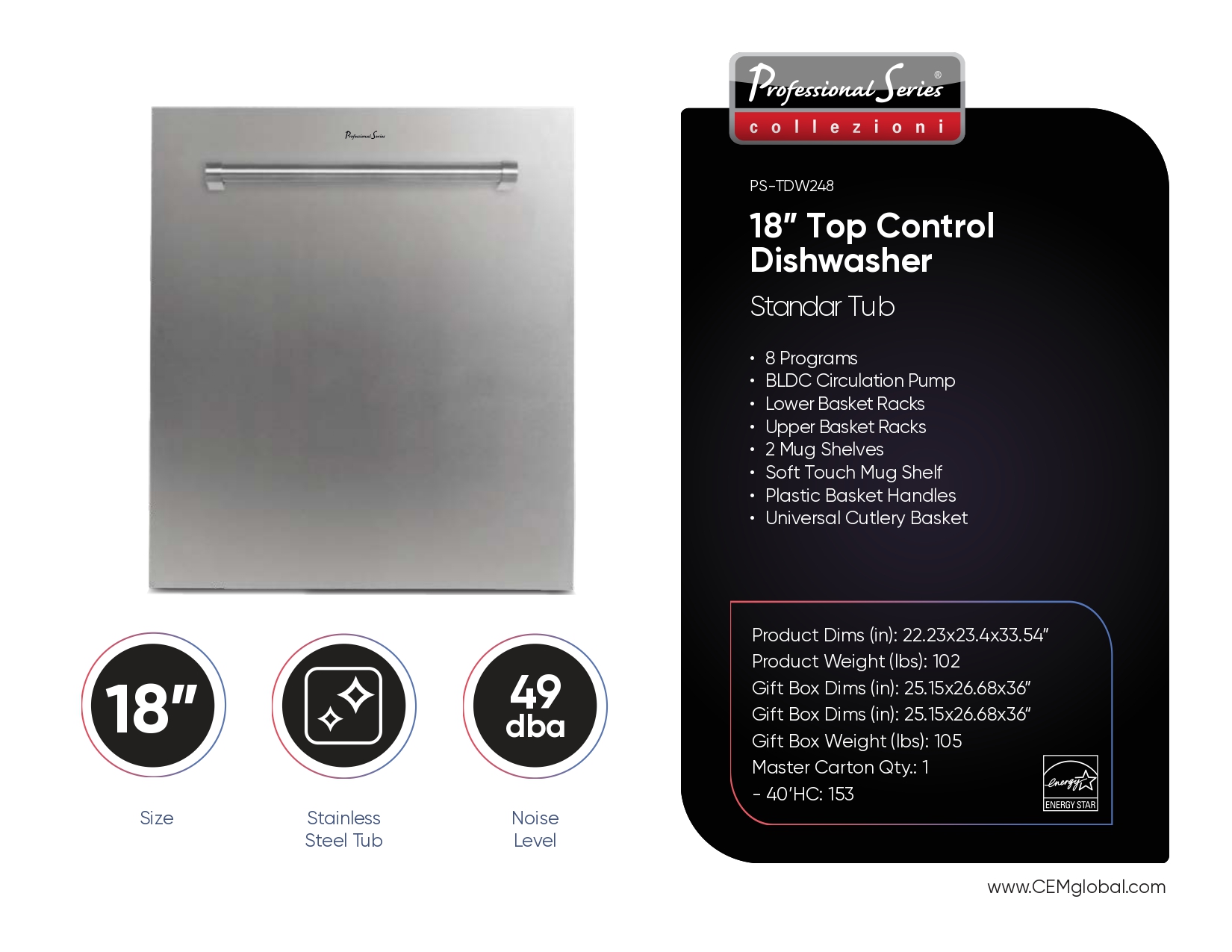 18” Top Control Dishwasher