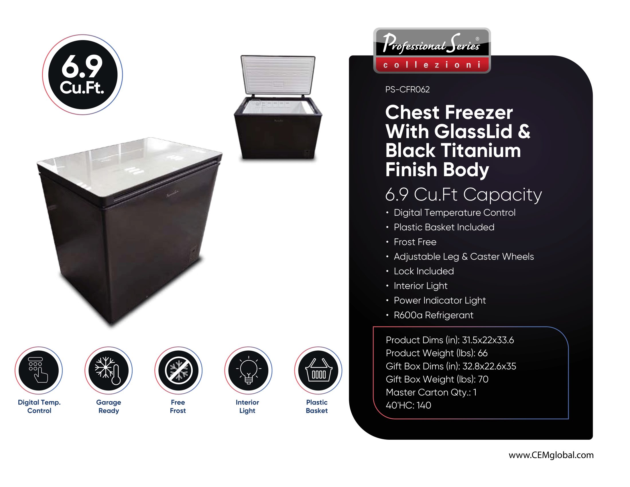 Chest Freezer With GlassLid & Black Titanium Finish Body 6.9 Cu.Ft