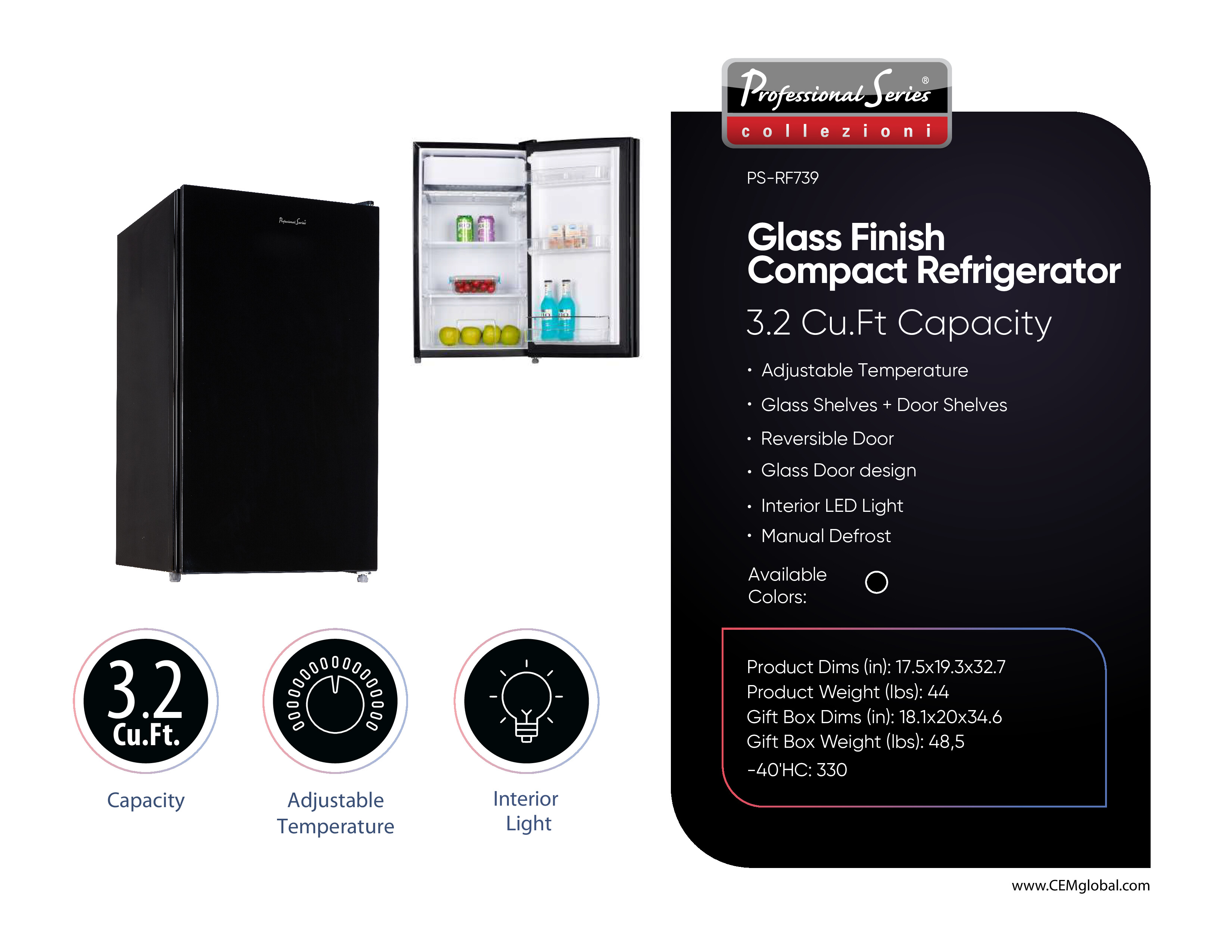 Glass Finish Compact Refrigerator 3.2 Cu.Ft.