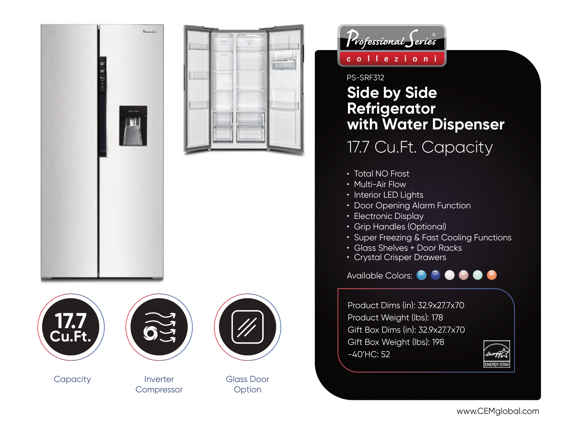 Side by Side Refrigerator with Water Dispenser 17.7 Cu.Ft.