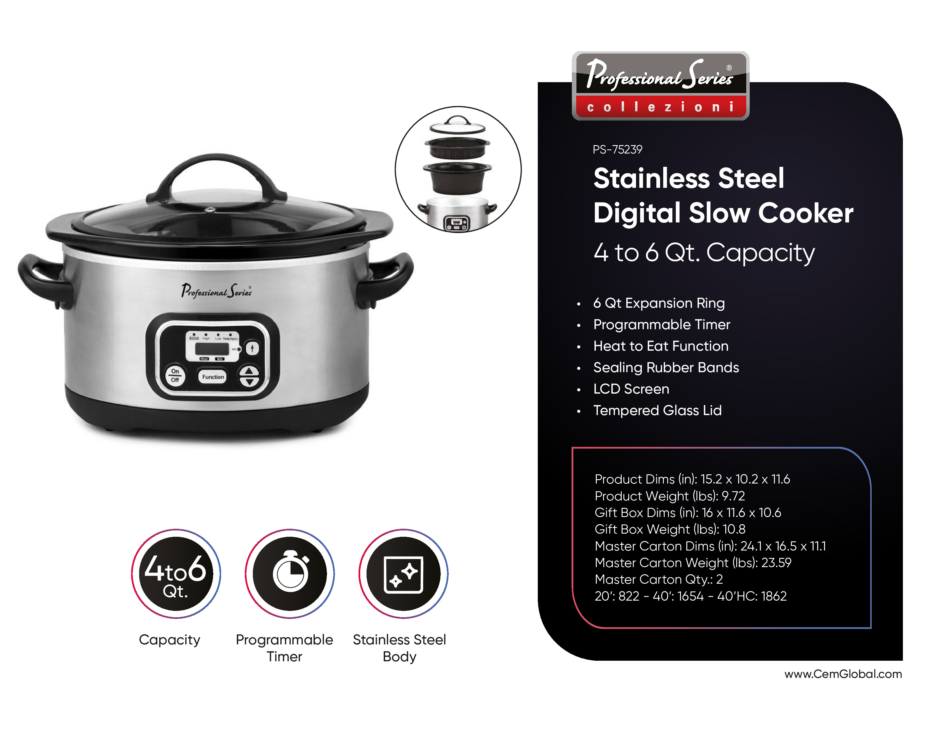 Digital Slow Cooker, Oval, 4-6 Qt, Stainless Steel