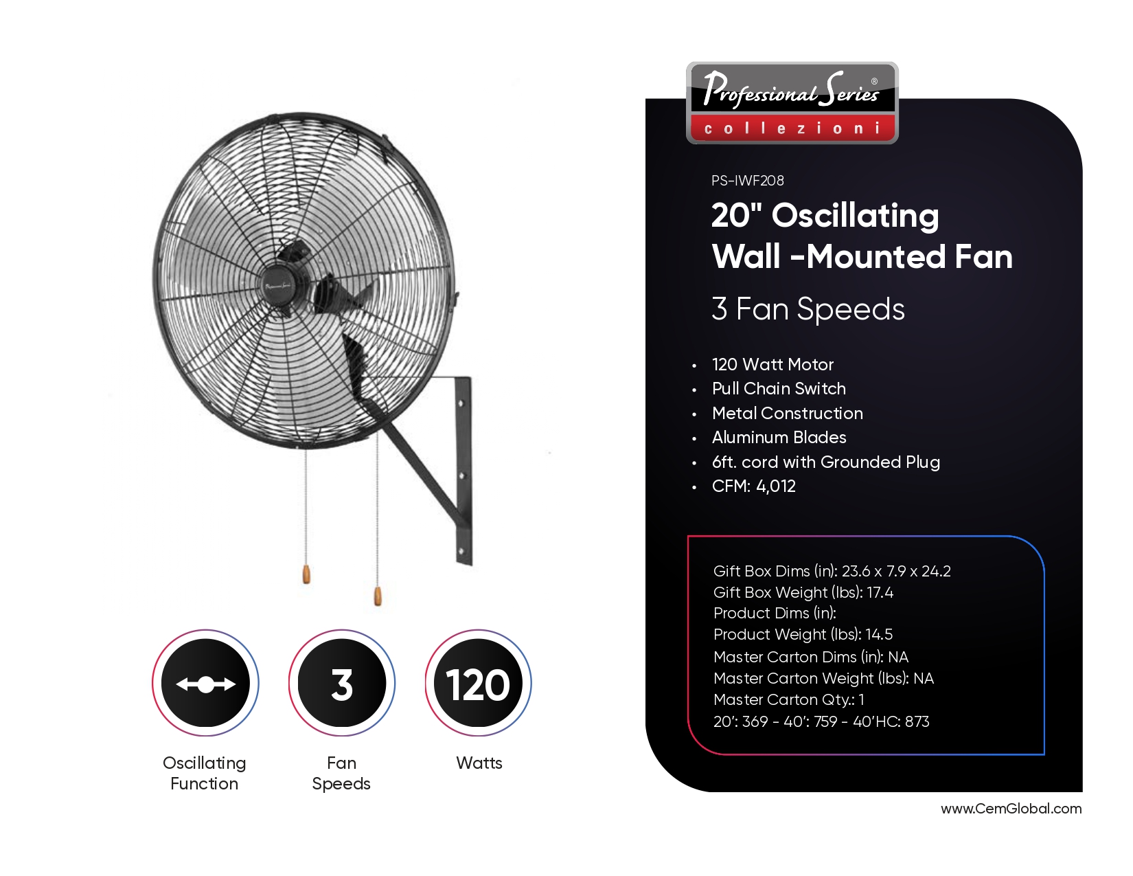 20" Oscillating Wall -Mounted Fan