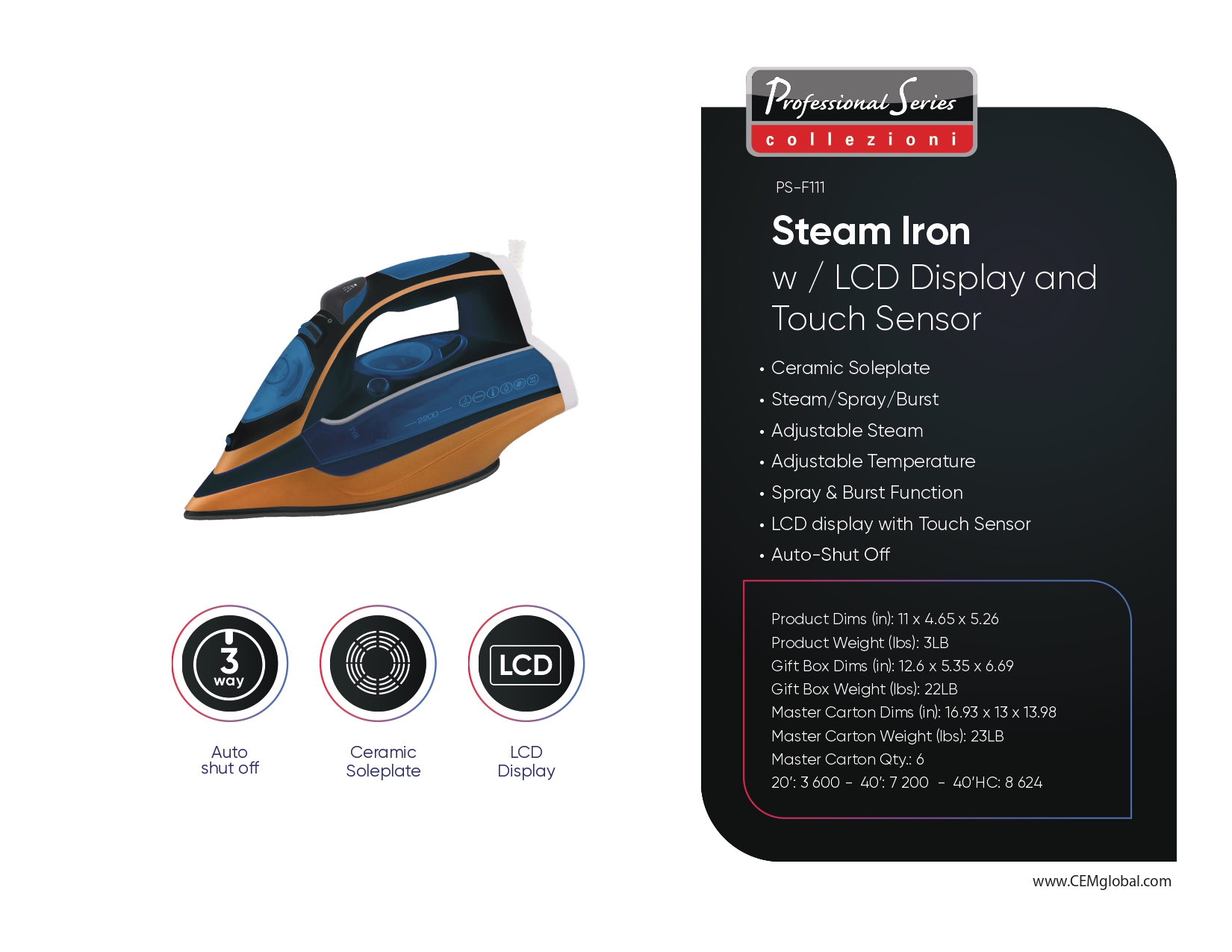 Steam Iron w / LCD Display and Touch Sensor
