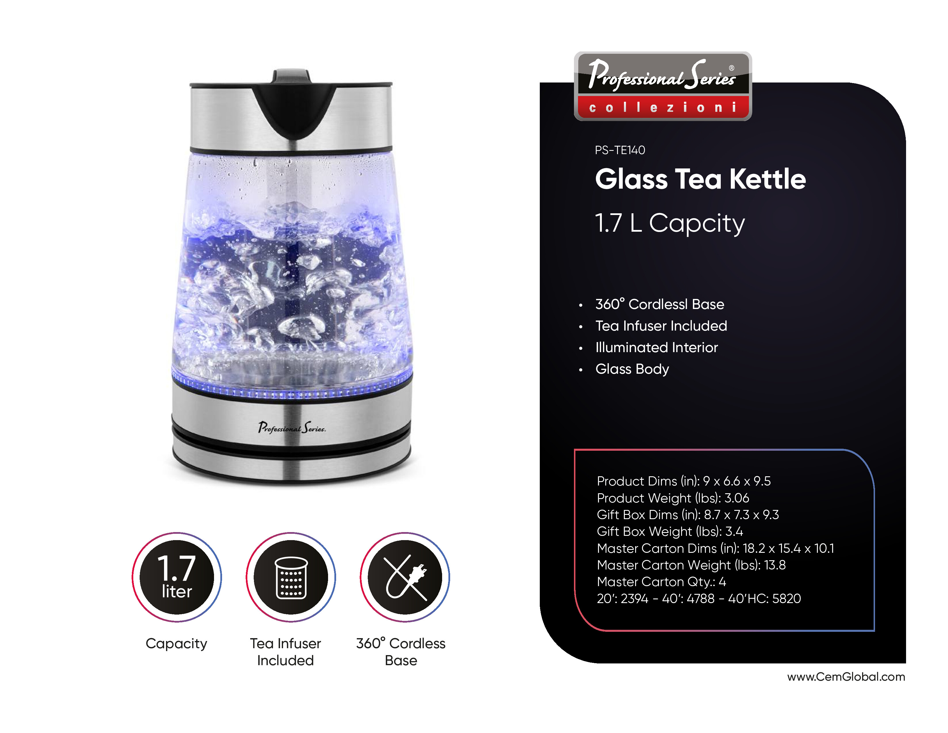 1.7 Lt. Glass Tea Kettle Stainless Steel