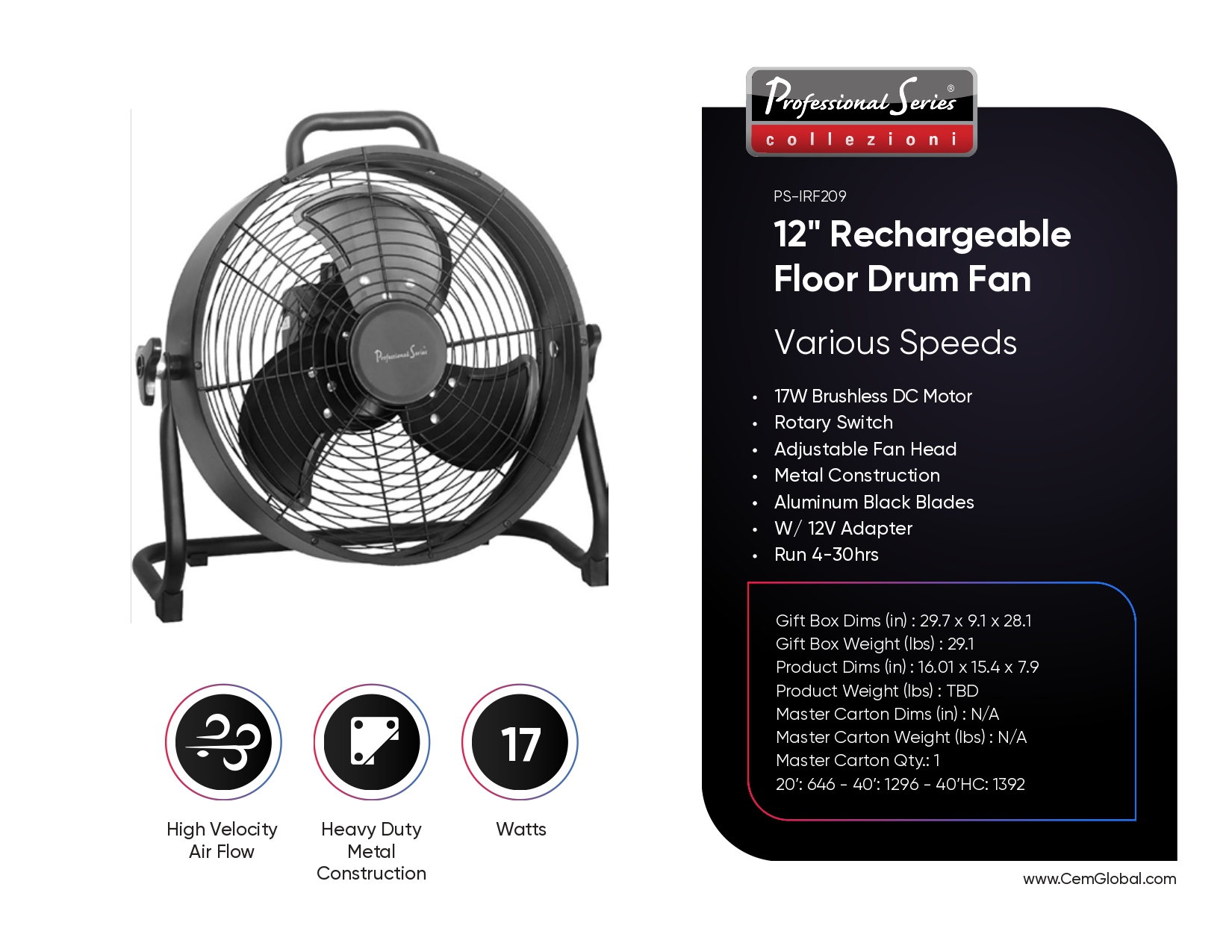 12" Rechargeable Floor Drum Fan