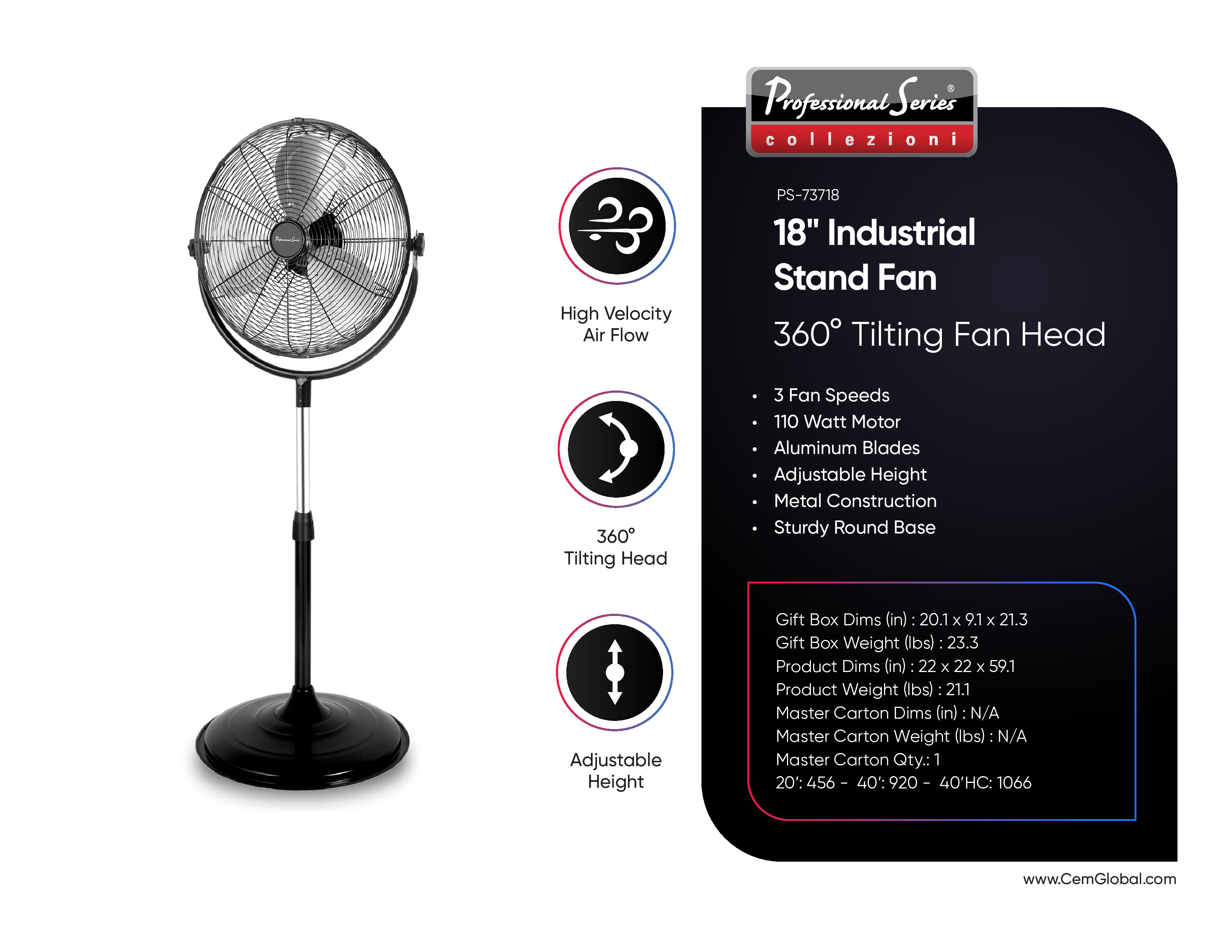 18" Industrial Stand Fan 360° Tilting Fan Head