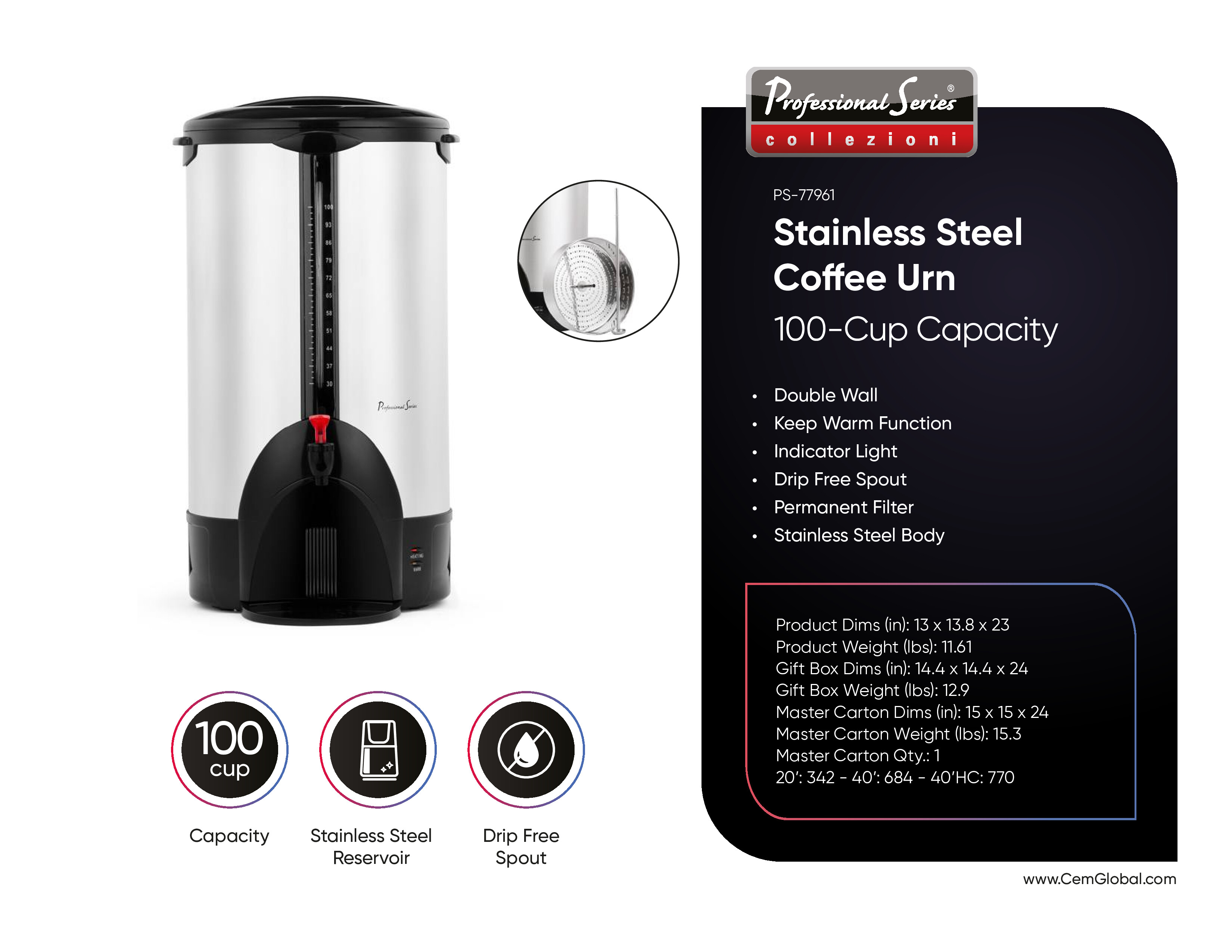 Coffee Urn, 100-Cup, Stainless Steel