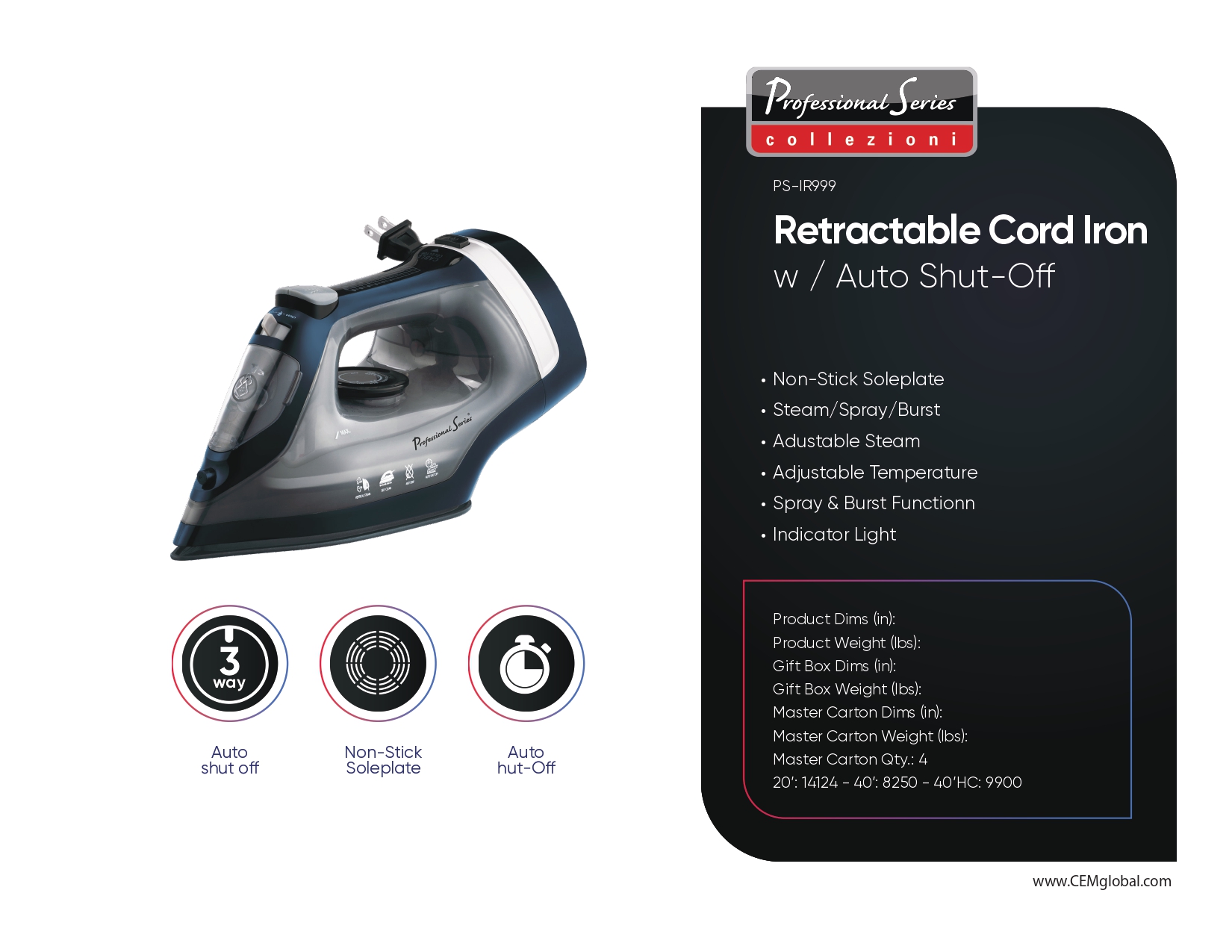 Retractable Cord Iron w / Auto Shut-Off
