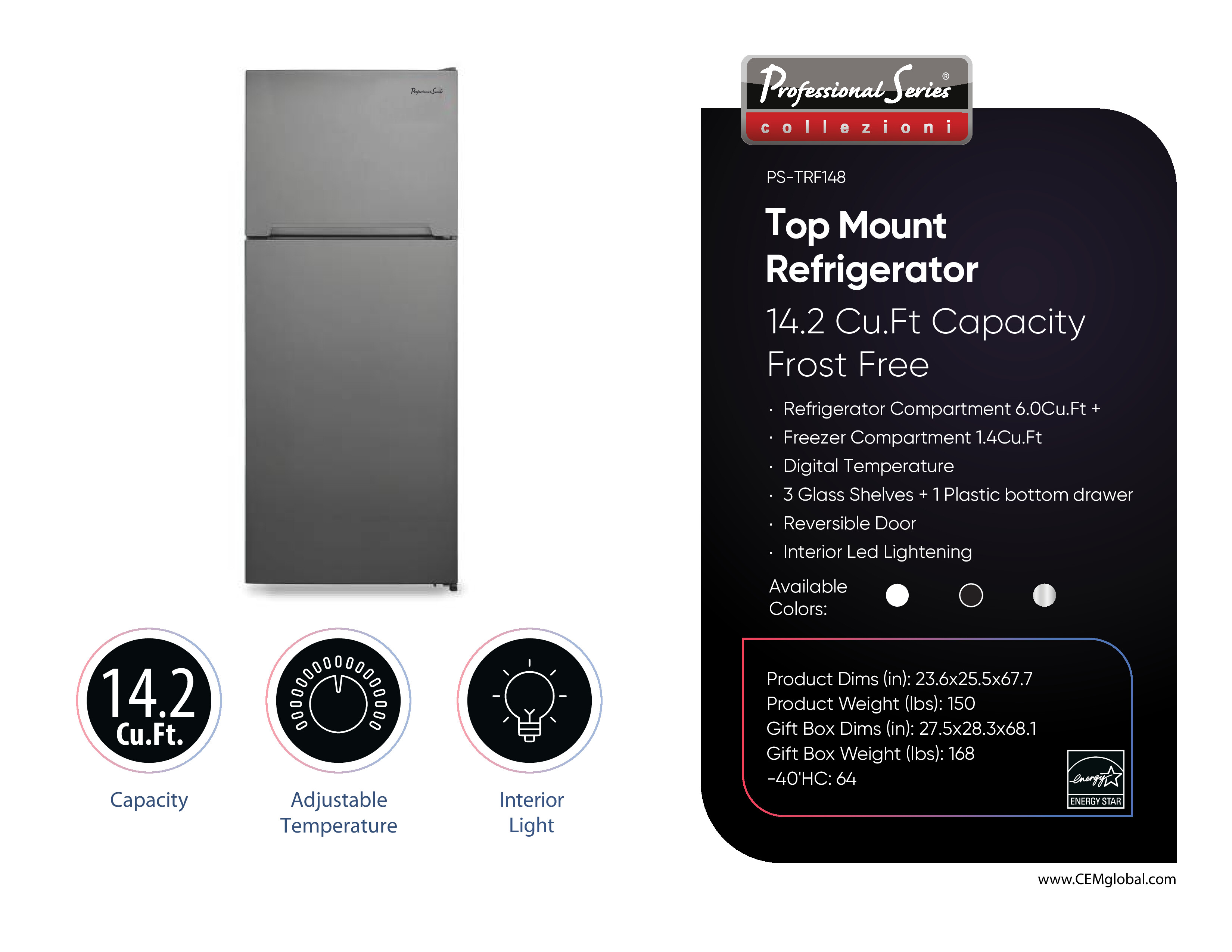 Top Mount Refrigerator 14.2 Cu.Ft Capacity