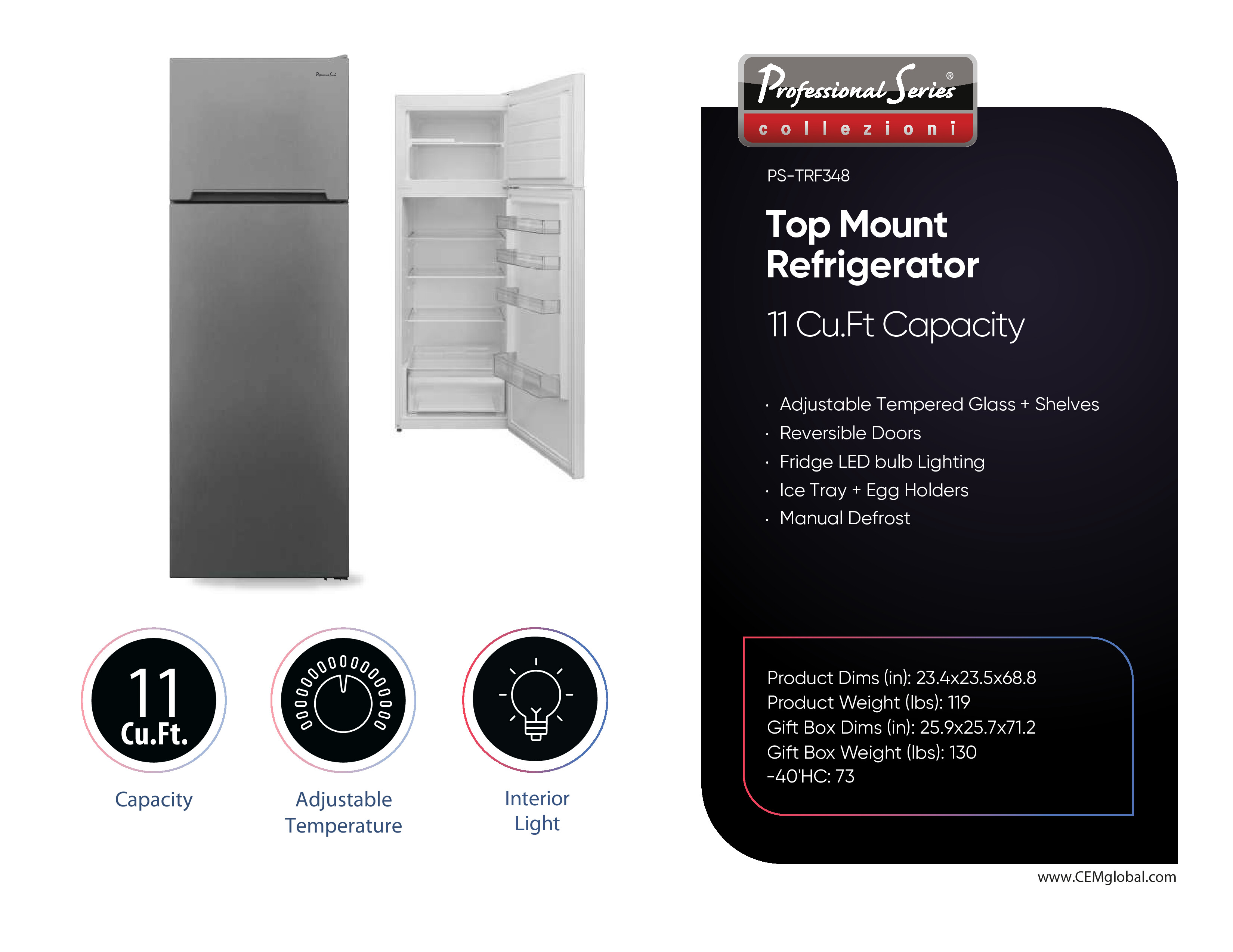 Top Mount Refrigerator 11 Cu.Ft Capacity
