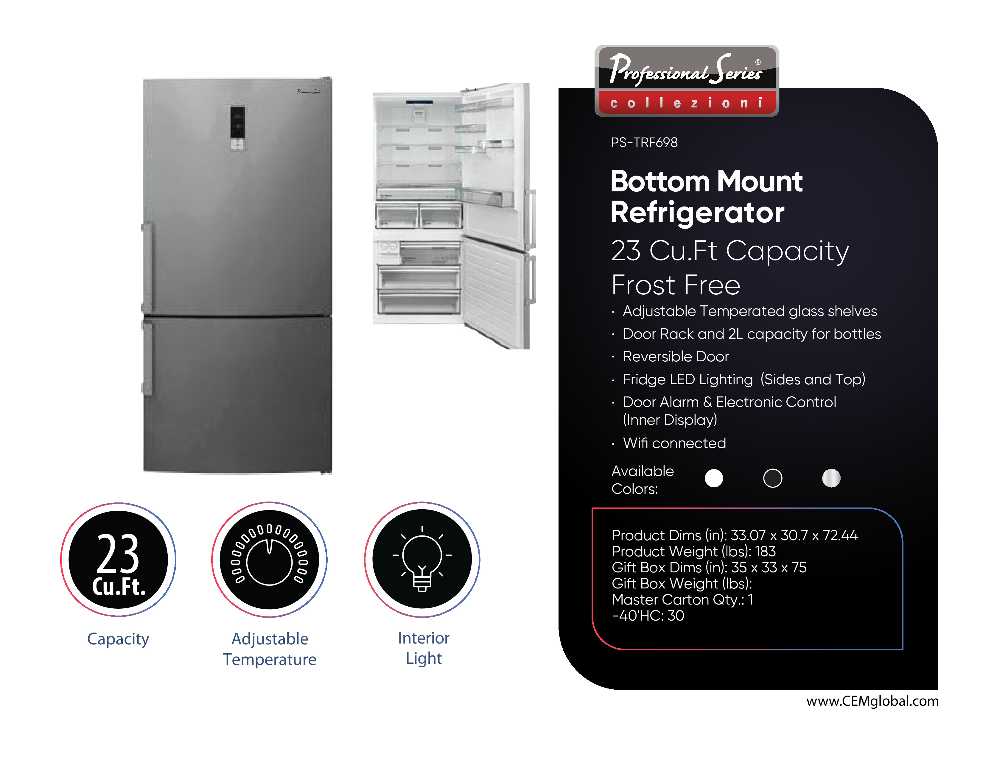 Bottom Mount Refrigerator 23 Cu.Ft Capacity
