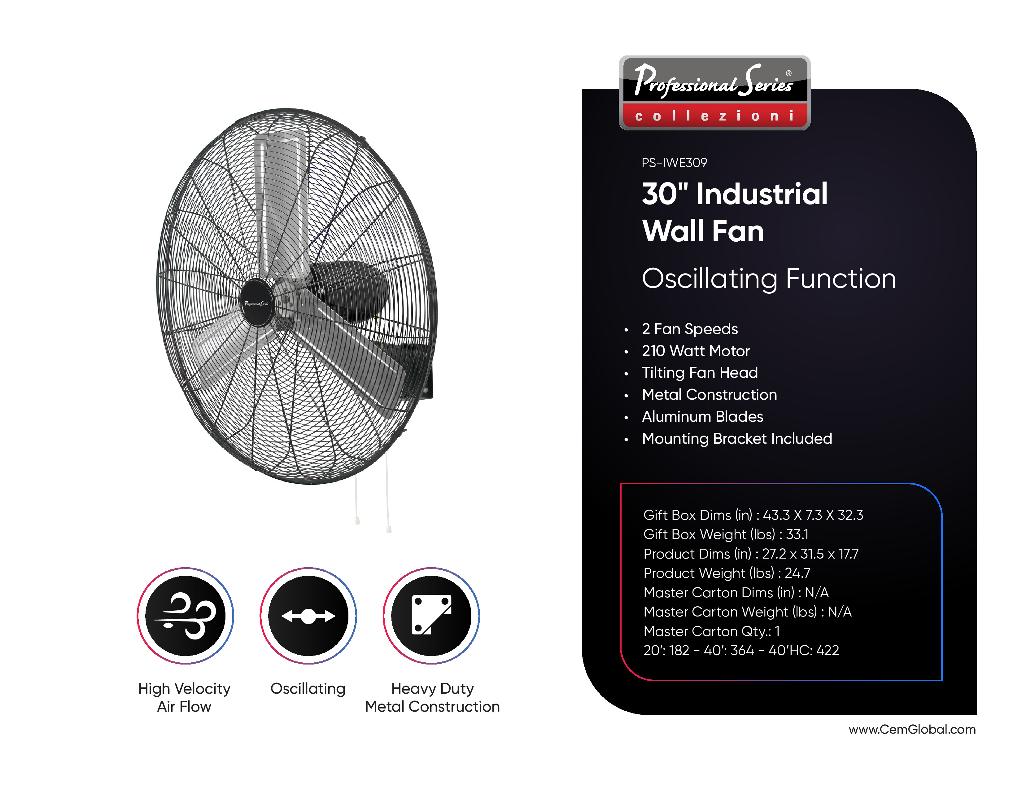 30" Industrial Wall Fan Oscillating