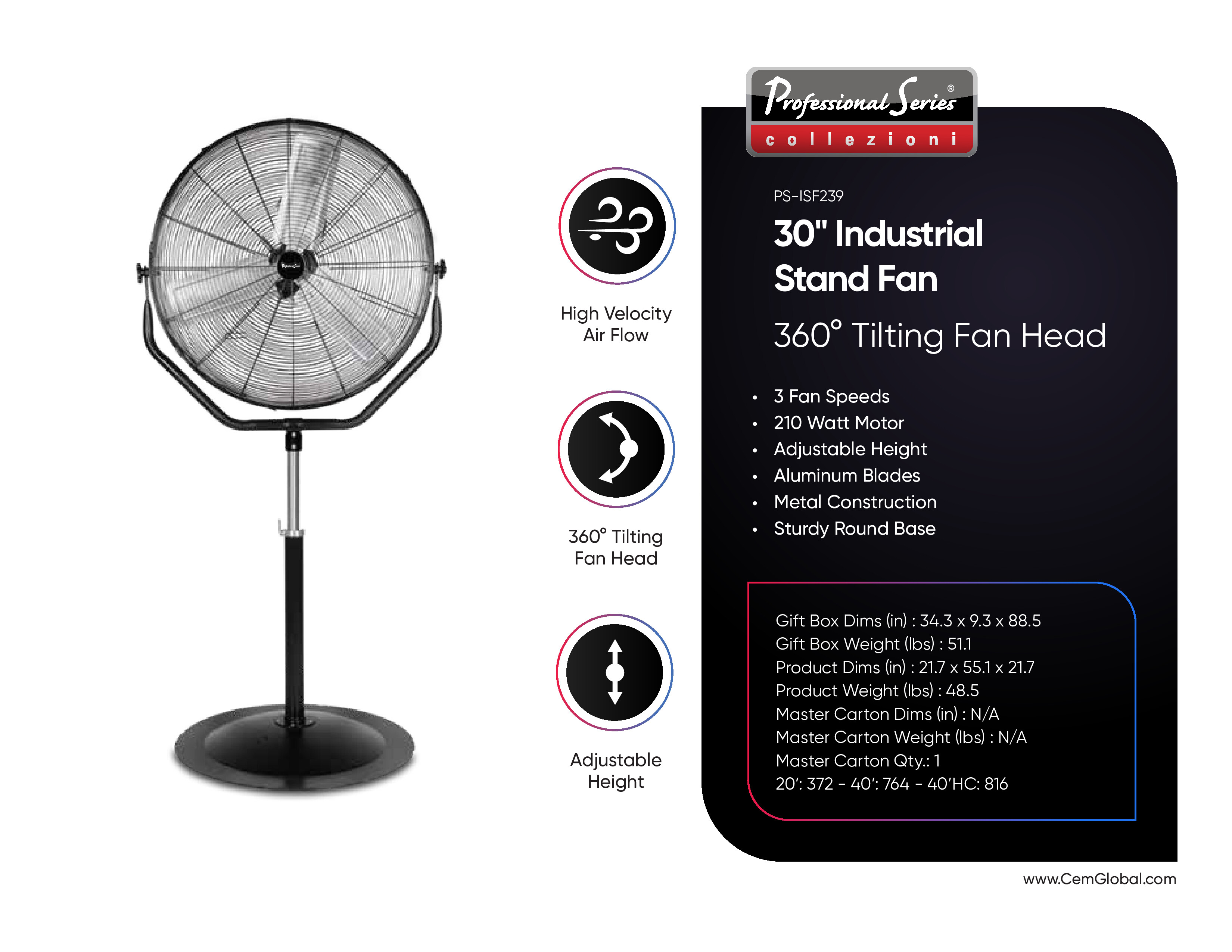 30" Industrial Stand Fan 360° Tilting Fan Head
