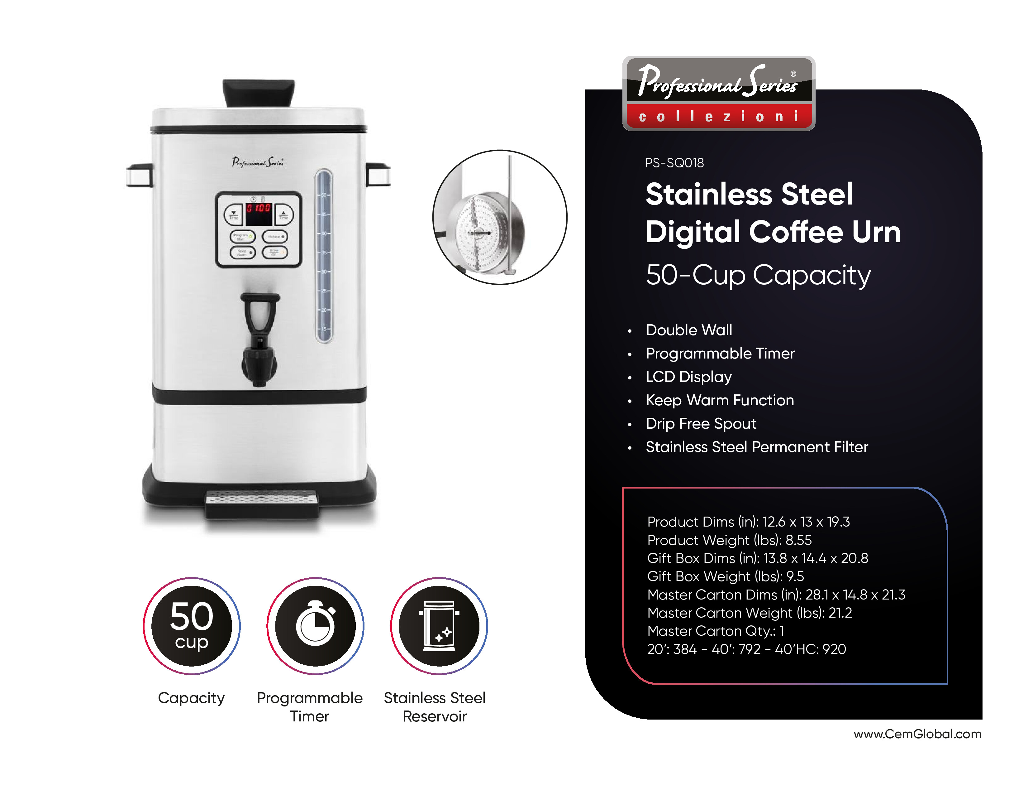 Digital Coffee Urn, 50-Cup, Stainless Steel