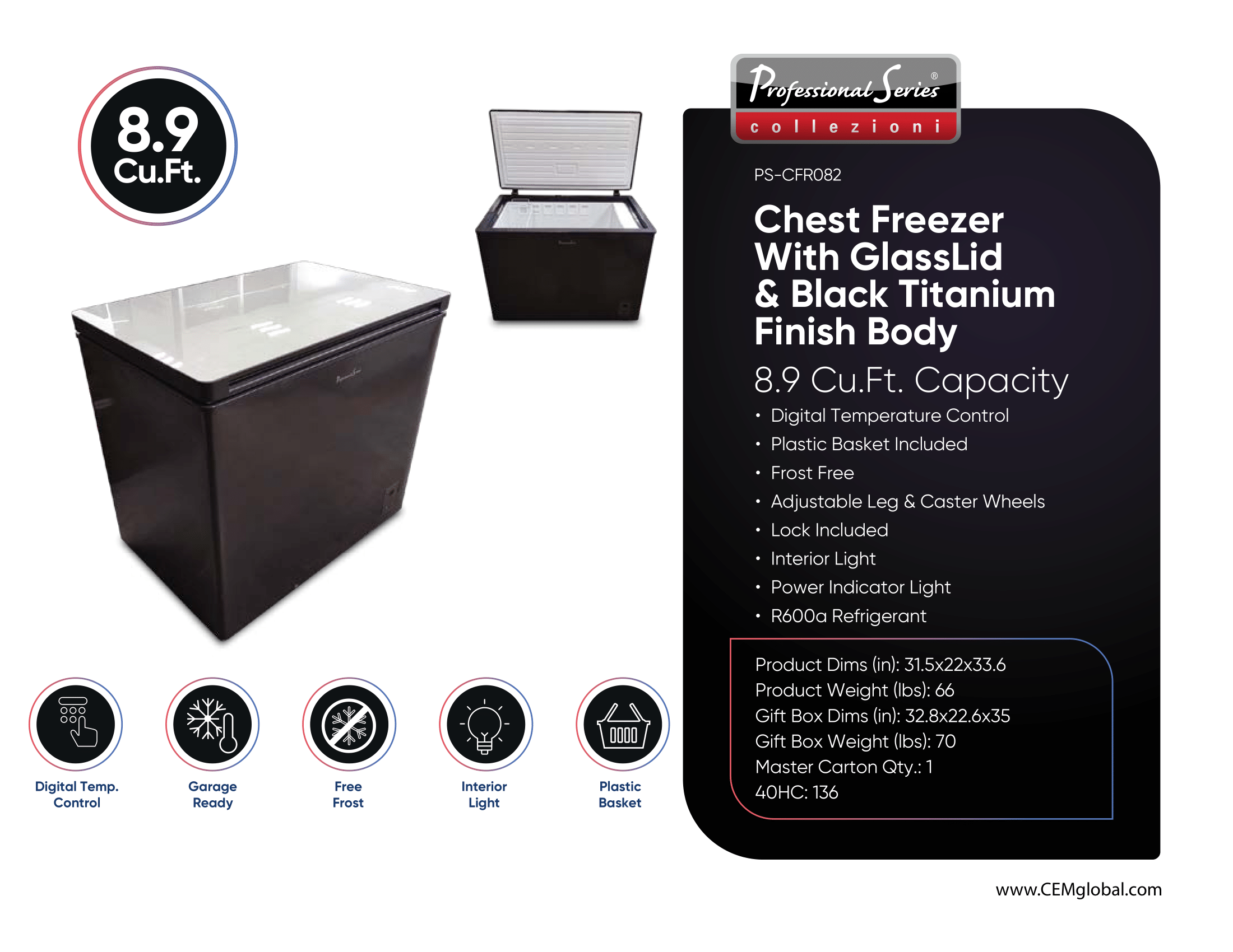 Chest Freezer With GlassLid & Black Titanium Finish Body 8.9 Cu.Ft.