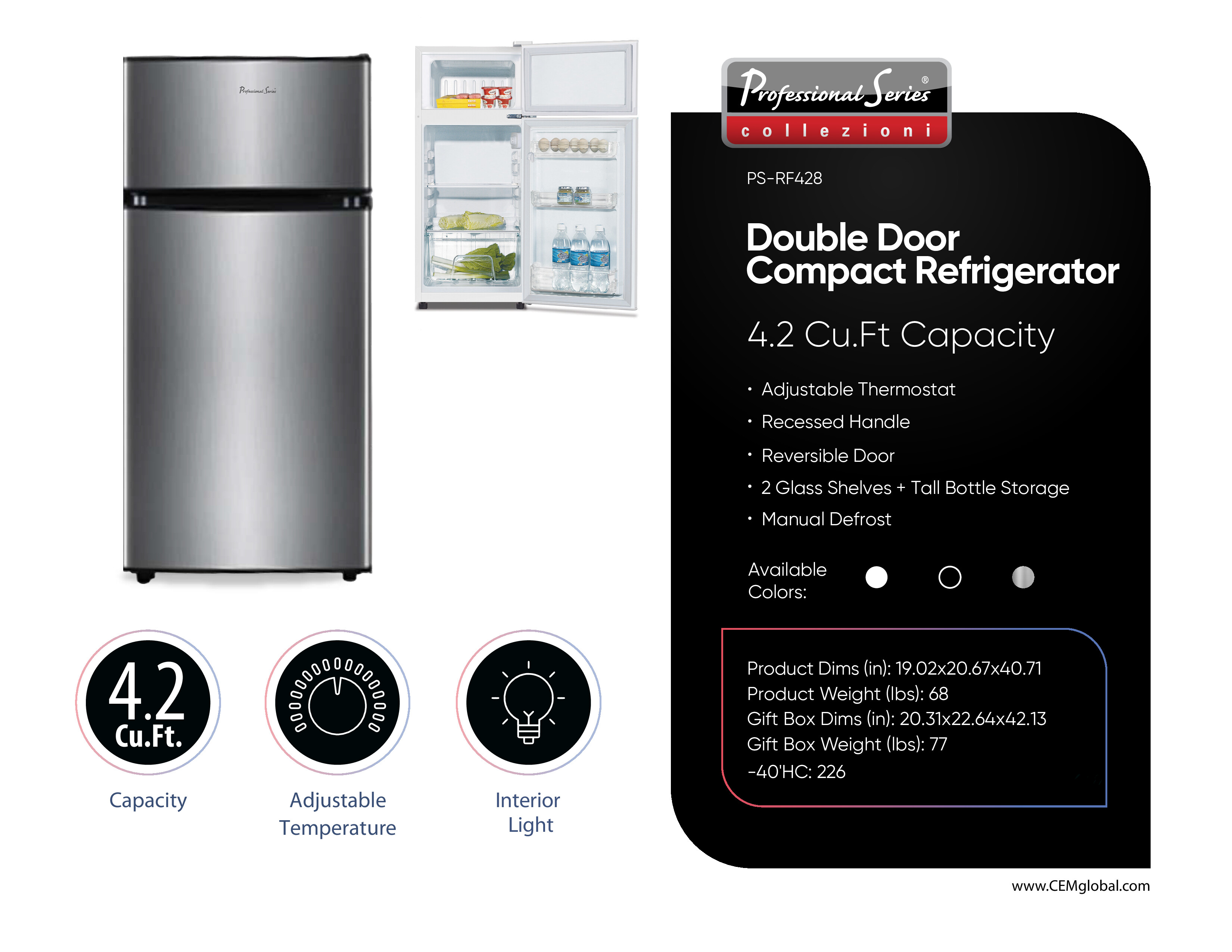 Double Door Compact Refrigerator 4.2 Cu.Ft Capacity
