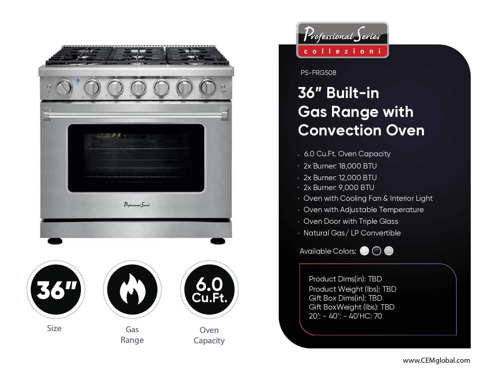 36” Built-in Gas Range with Convection Oven