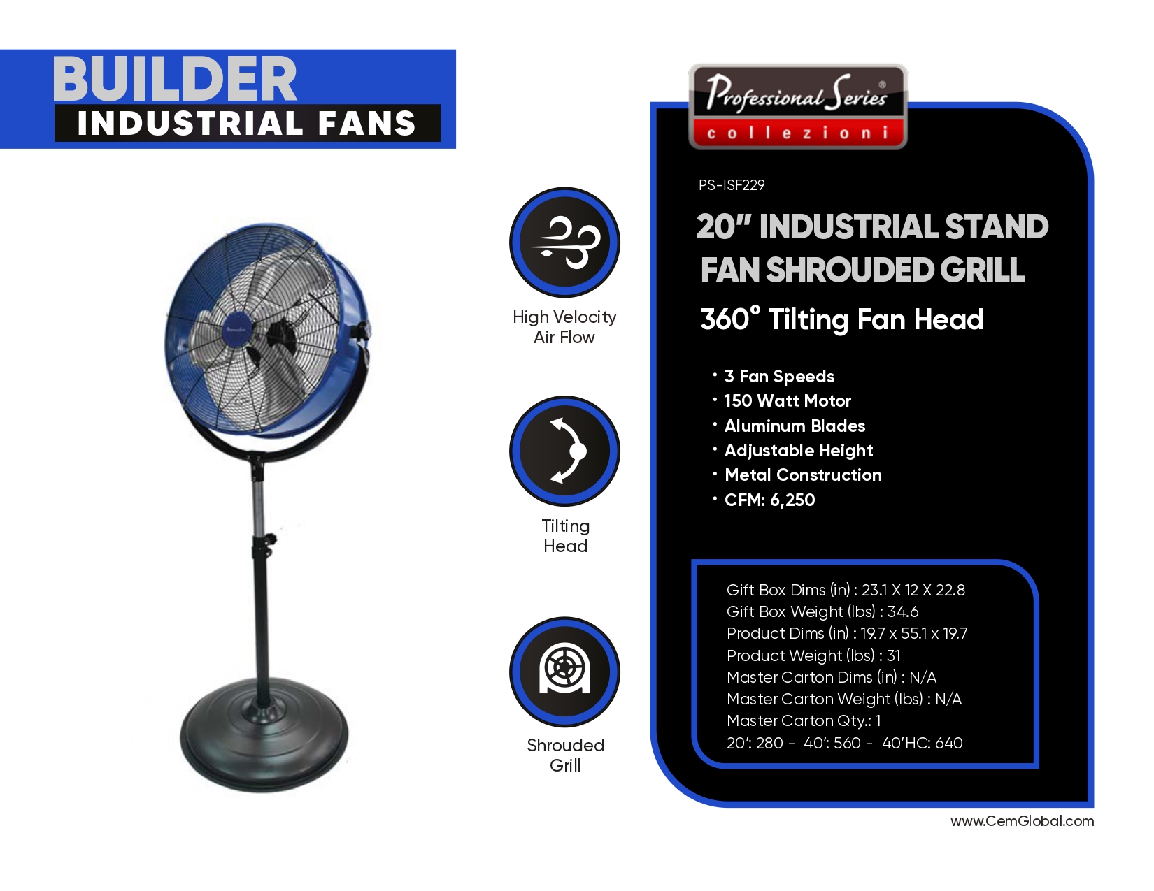 20” INDUSTRIAL STAND FAN SHROUDED GRILL