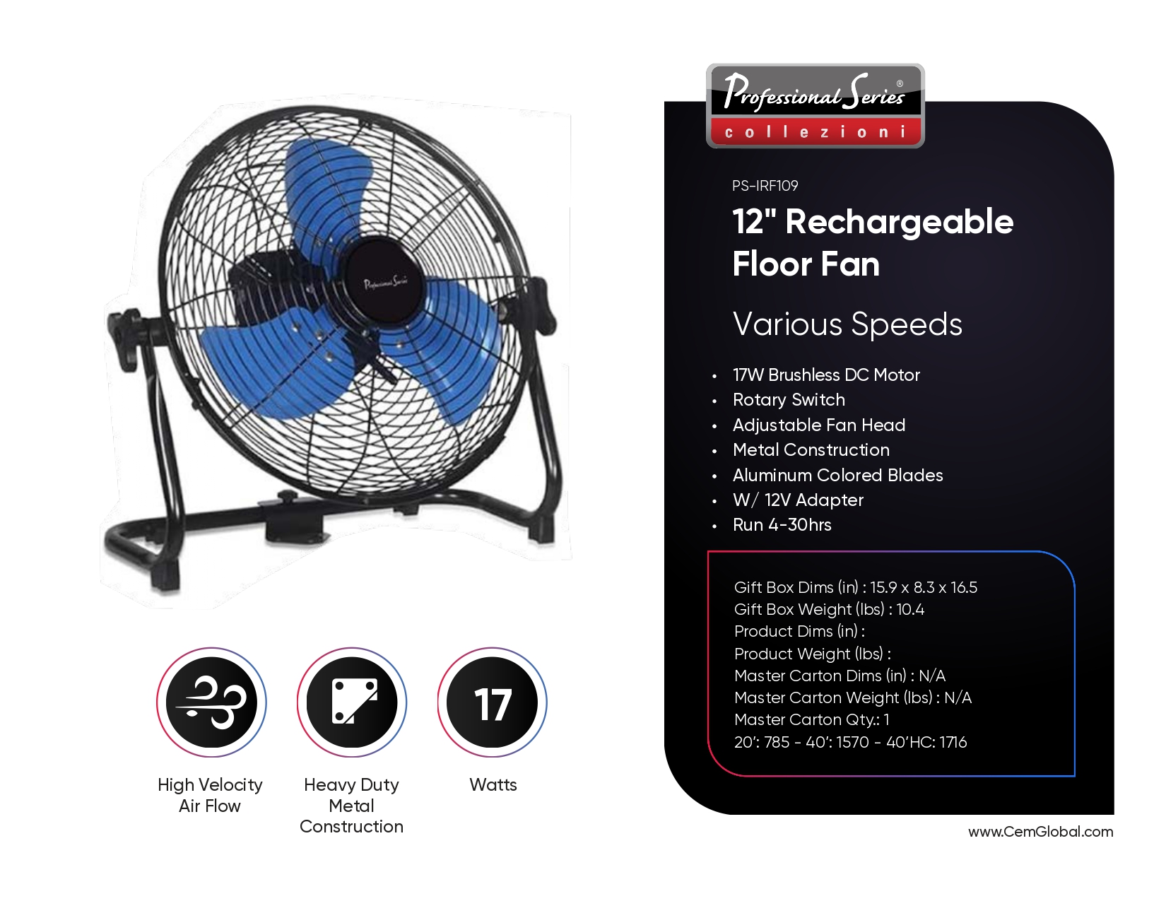 12" Rechargeable Floor Fan